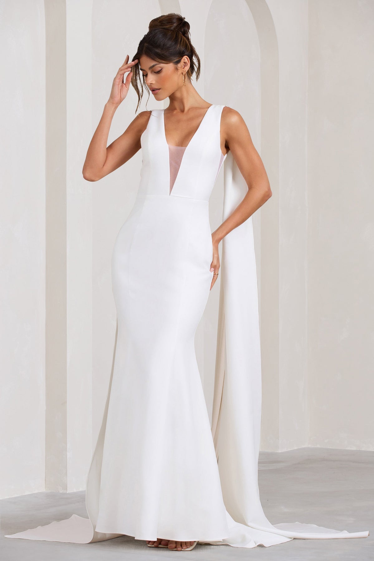 Rosaline White Plunging Fishtail Maxi Dress With Cape Club L