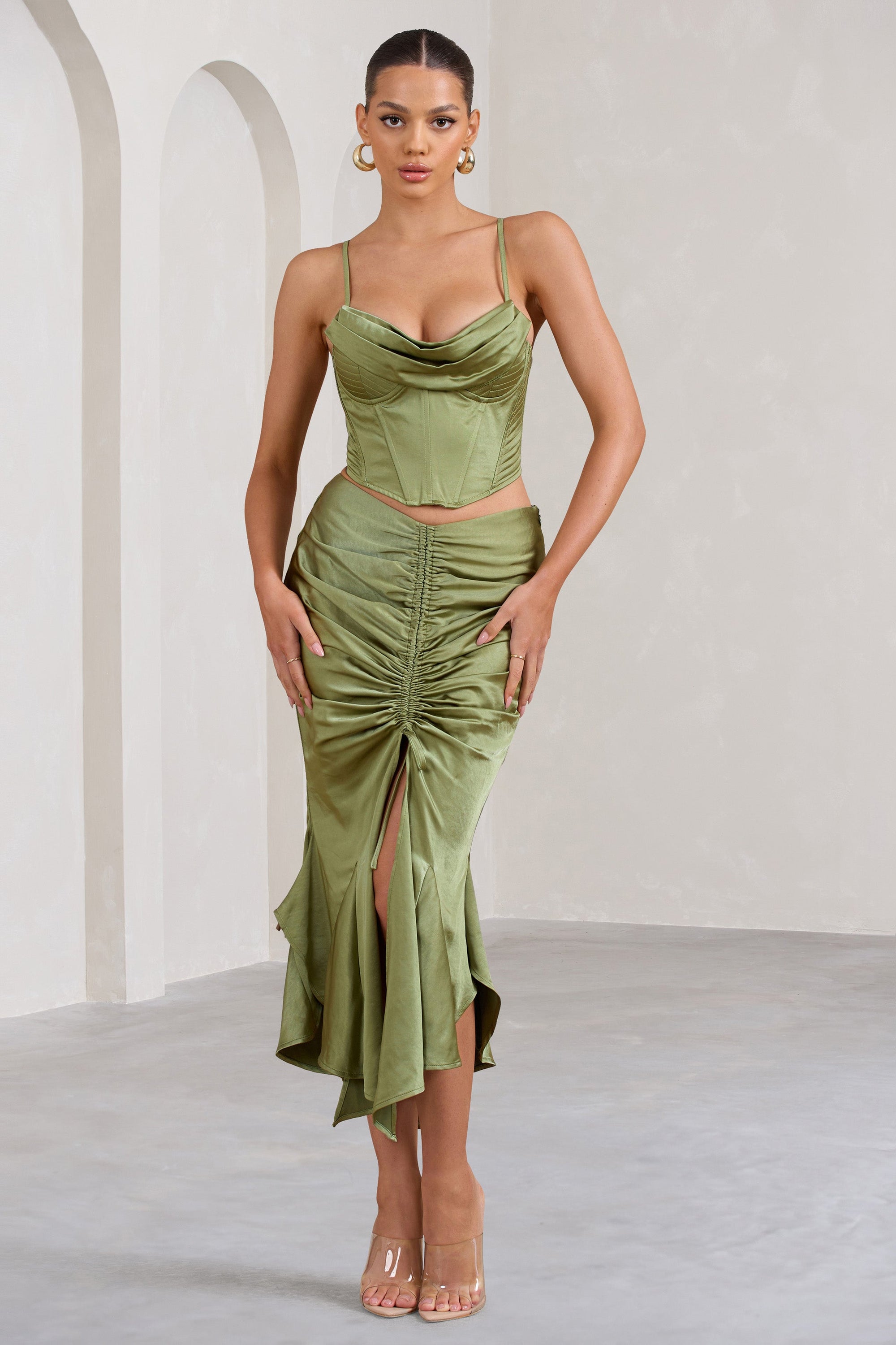 Per Favore | Olive Satin Ruched Split Maxi Skirt - Club L London - AUS