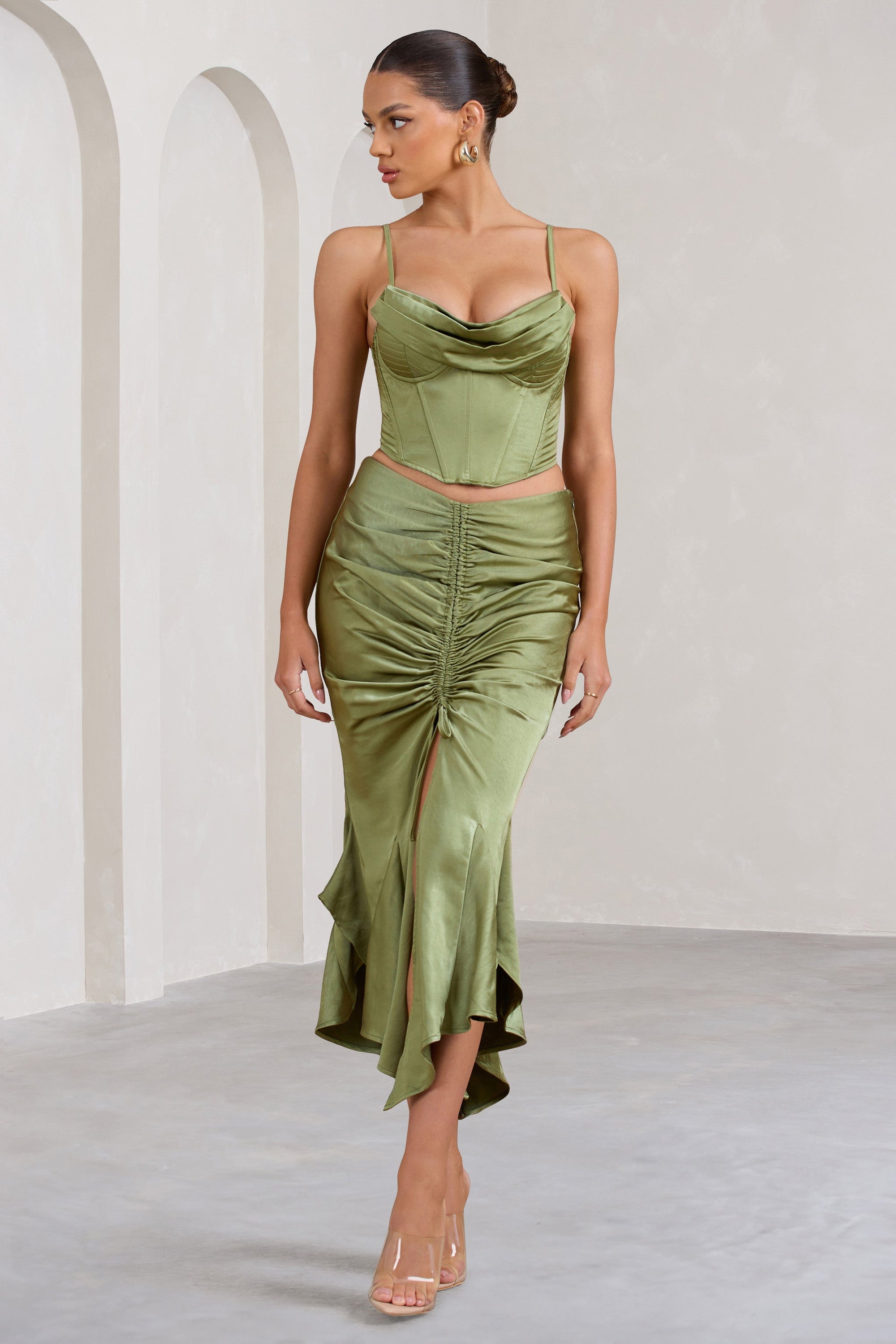 Per Favore | Olive Satin Ruched Split Maxi Skirt - Club L London - AUS