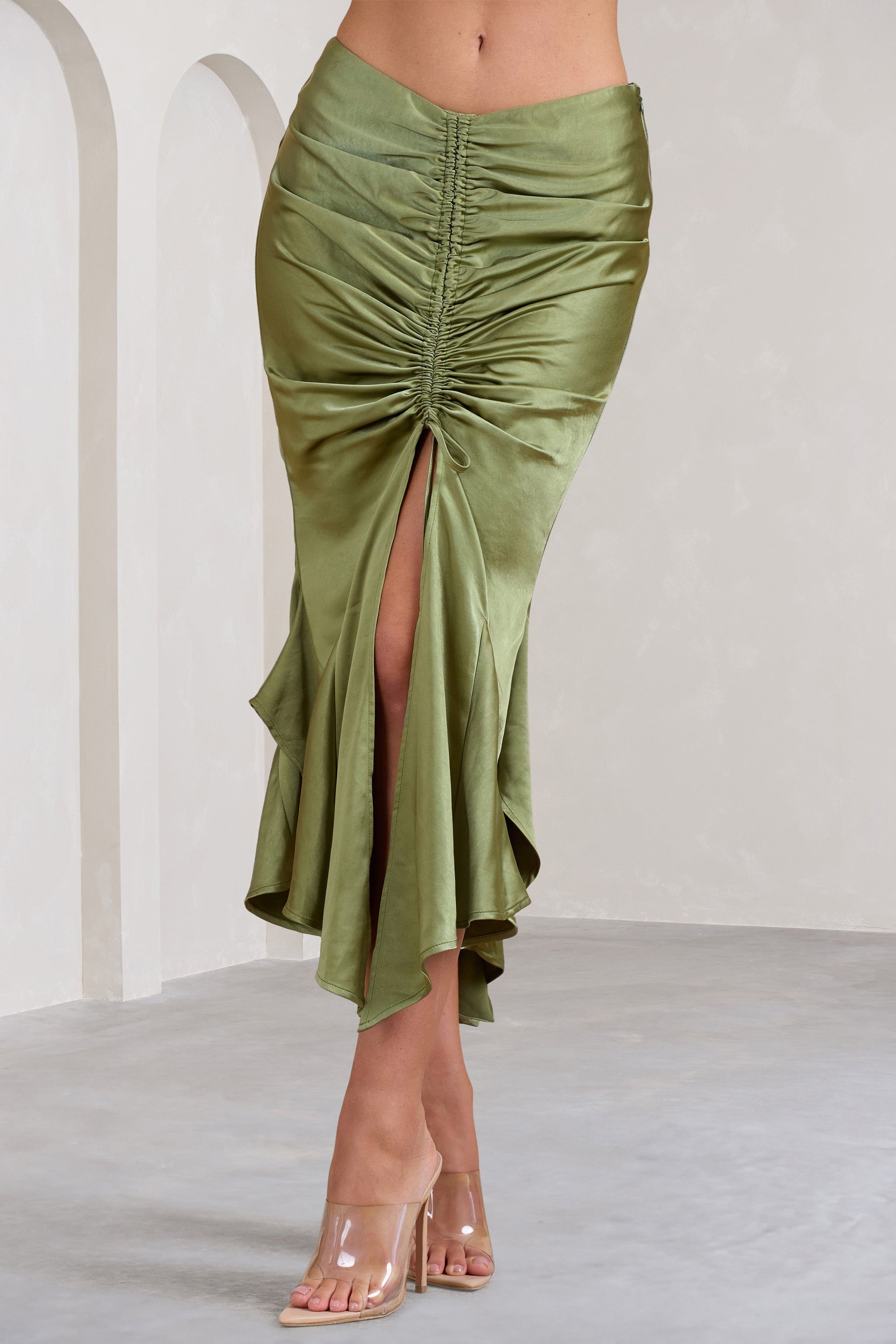 Per Favore | Olive Satin Ruched Split Maxi Skirt - Club L London - AUS