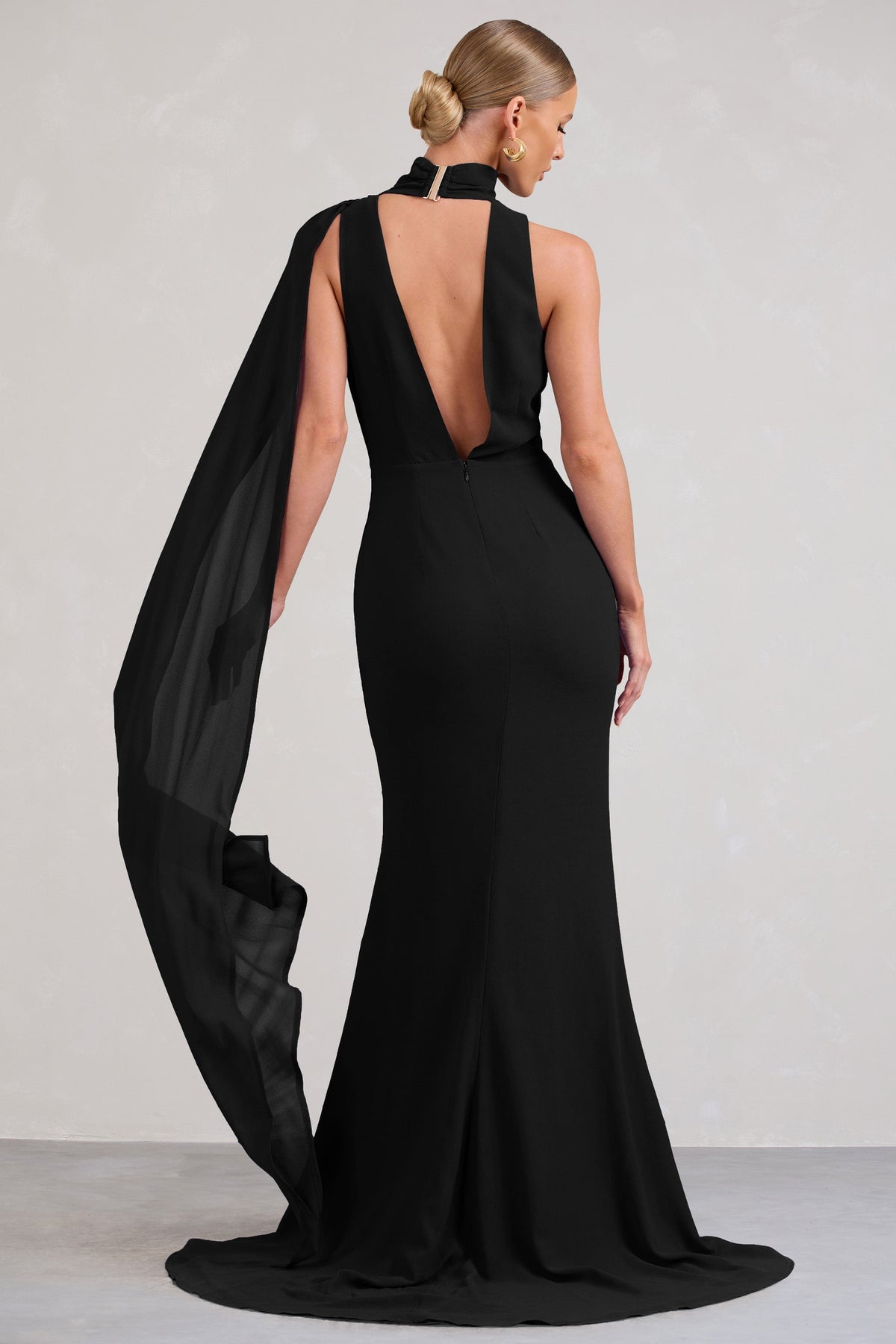 Whimsical Black Chiffon Plunge Fishtail Maxi Dress With Scarf