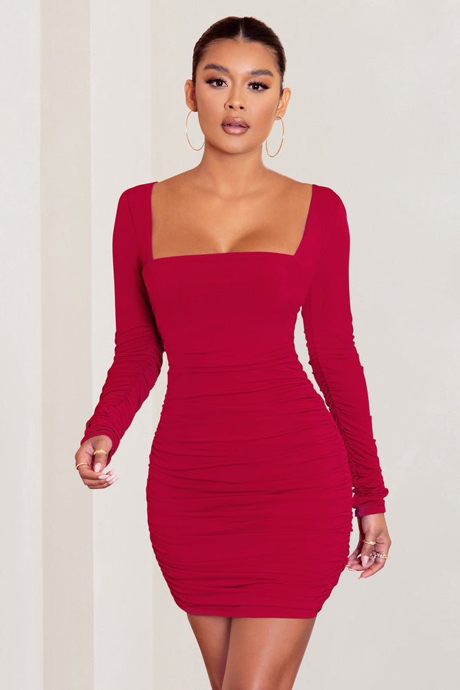 Dark red long sleeve dress sales