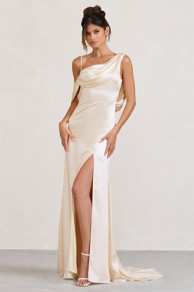 Jayne Cream Satin Asymmetric Draped Split Maxi Dress Club L