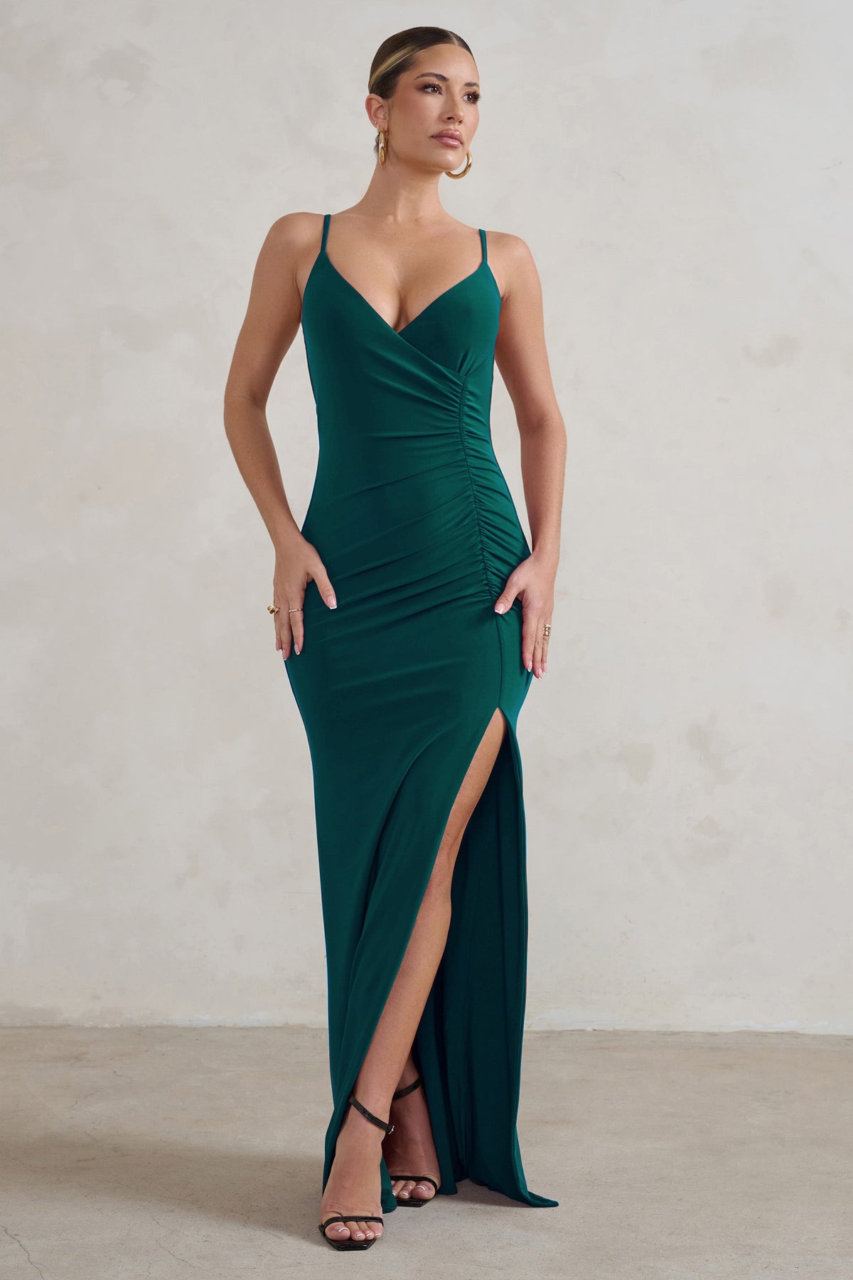 Emerald Green Strappy Plunge Double Split Detail Maxi Dress