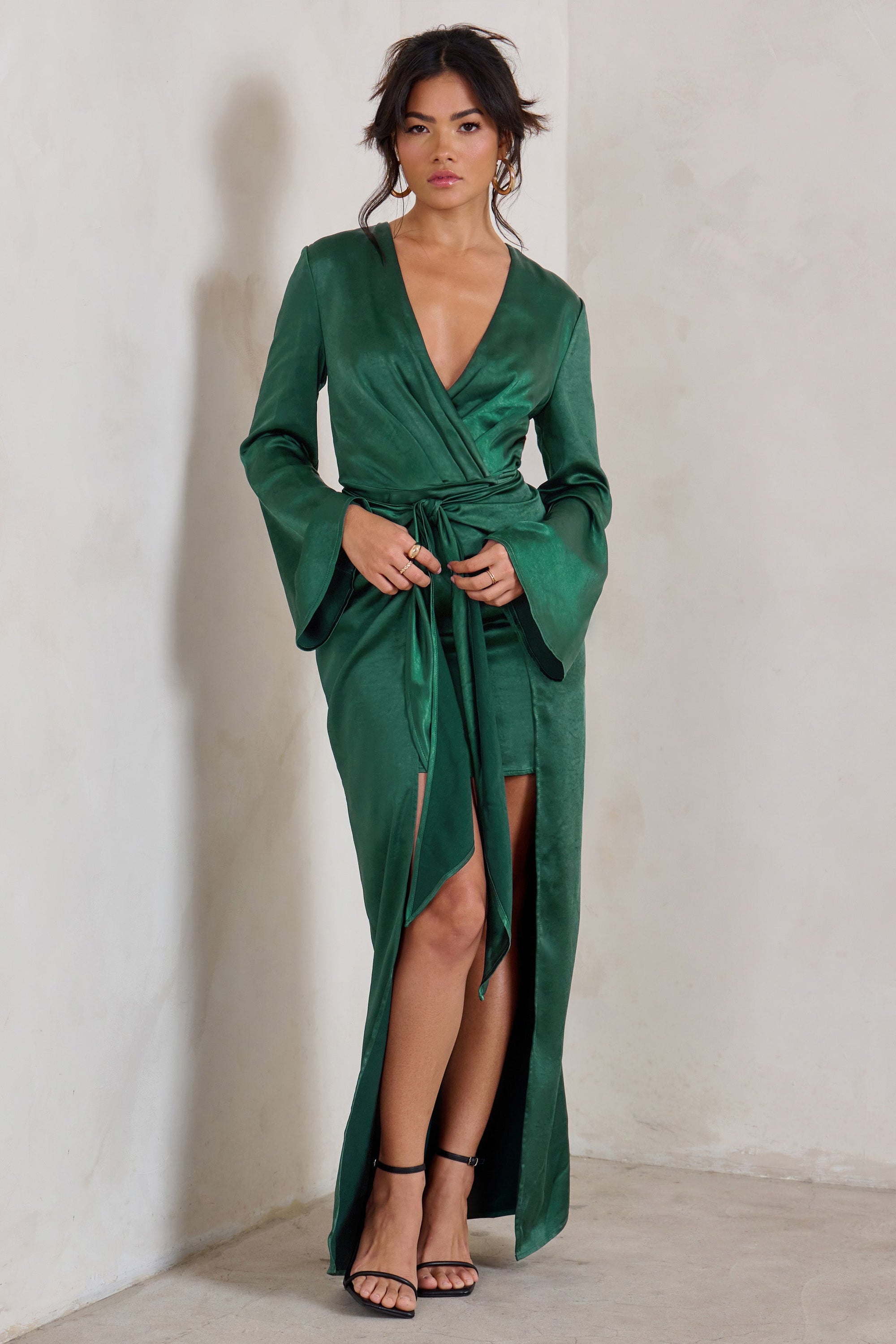 Patricia | Green Extreme Plunge Long Sleeve Maxi Dress With Tie Detail - Club L London - AUS