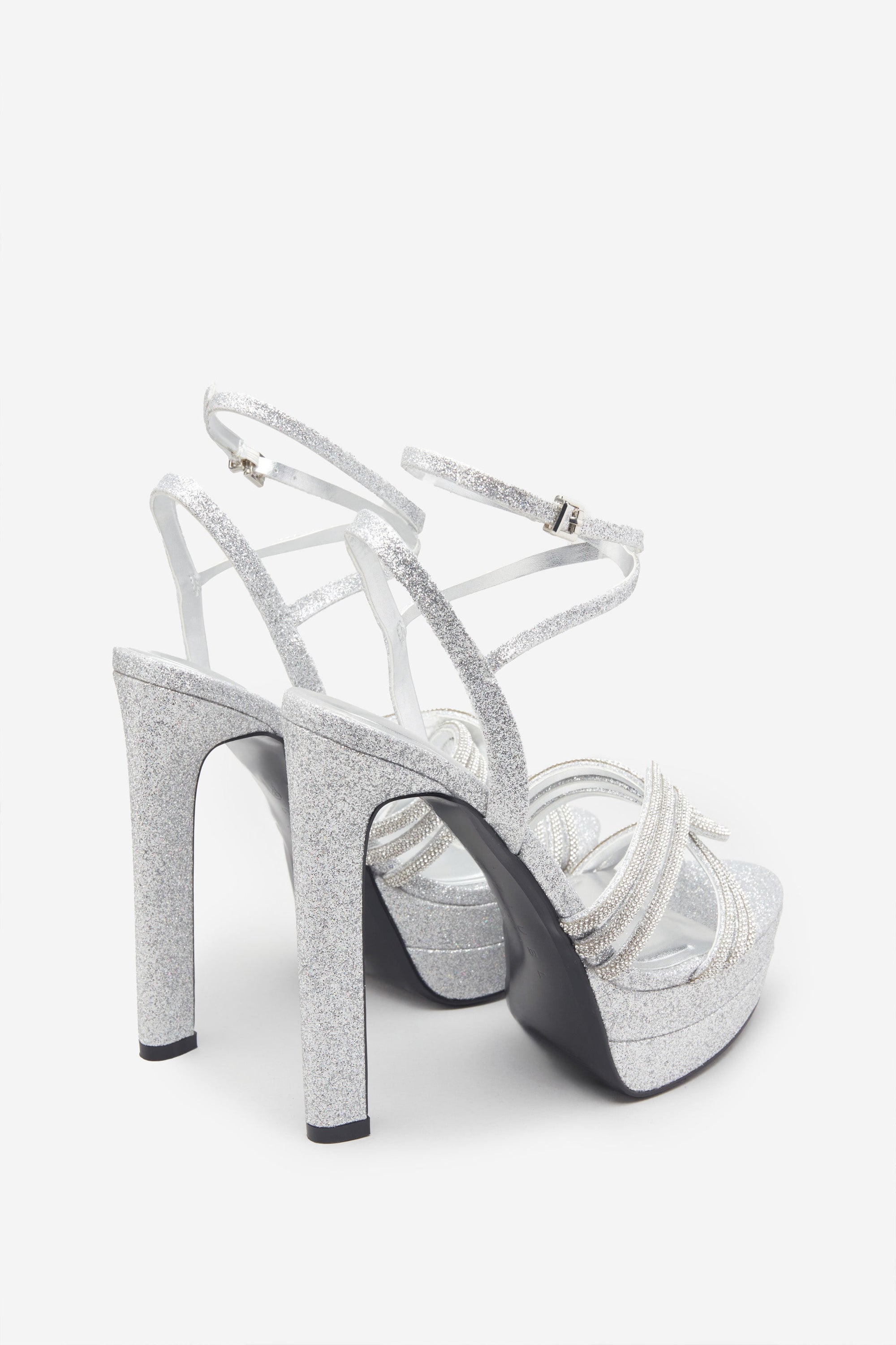 Doll Drama | Silver Glitter Diamante Strappy Platform Heels - Club L London - AUS