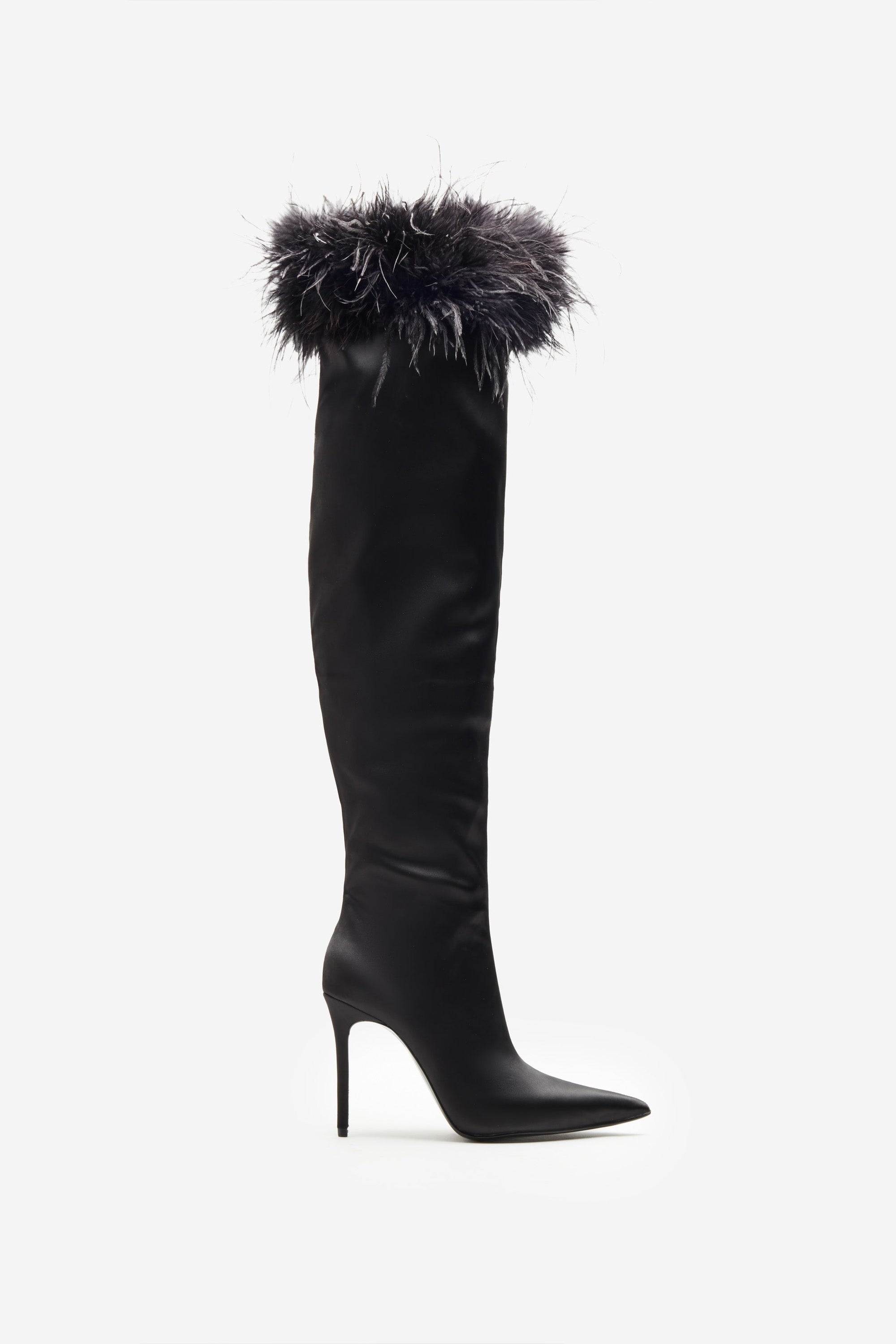 Soho | Black Satin Pointed Heeled Boots With Feather Trims - Club L London - AUS