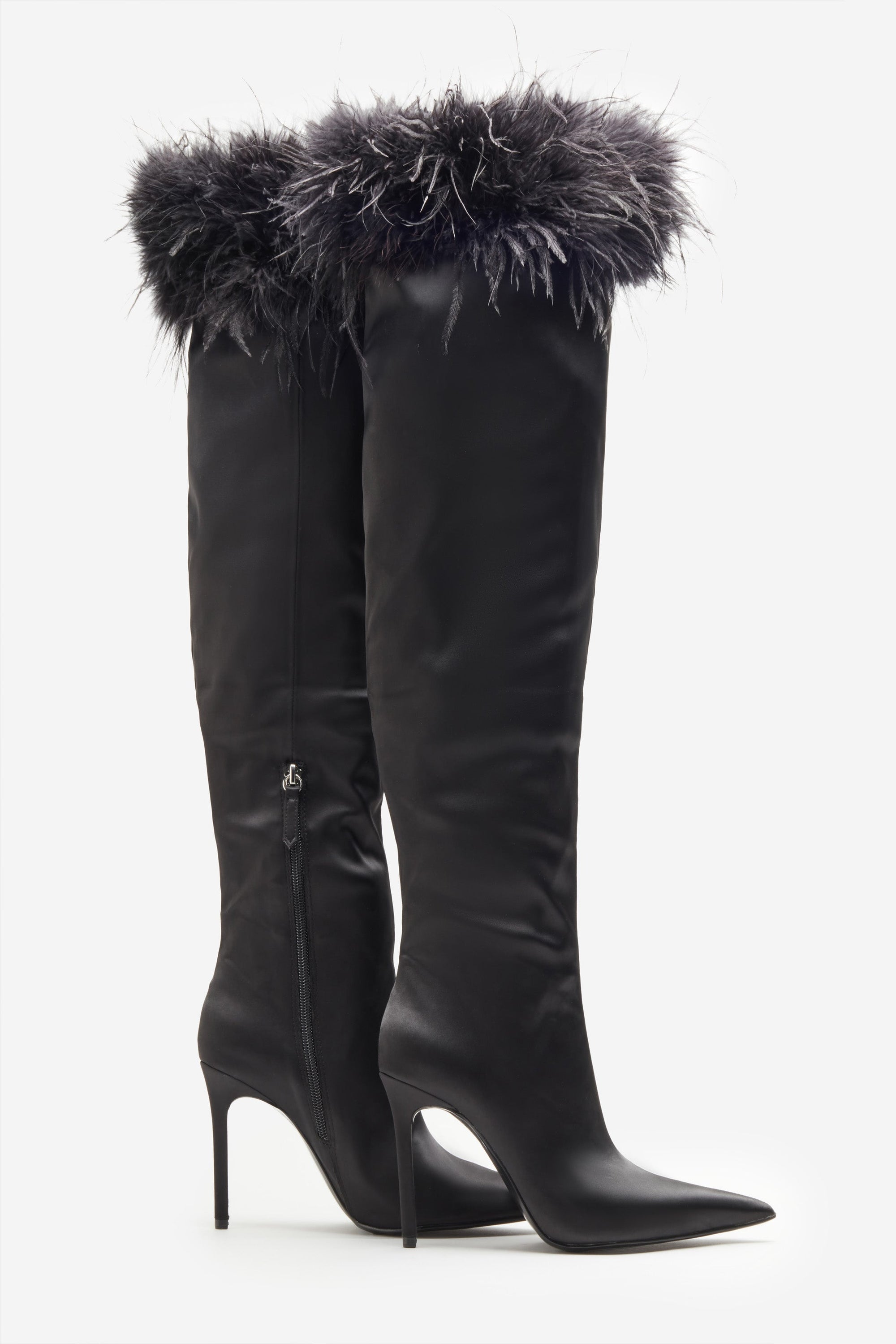 Soho | Black Satin Pointed Heeled Boots With Feather Trims - Club L London - AUS
