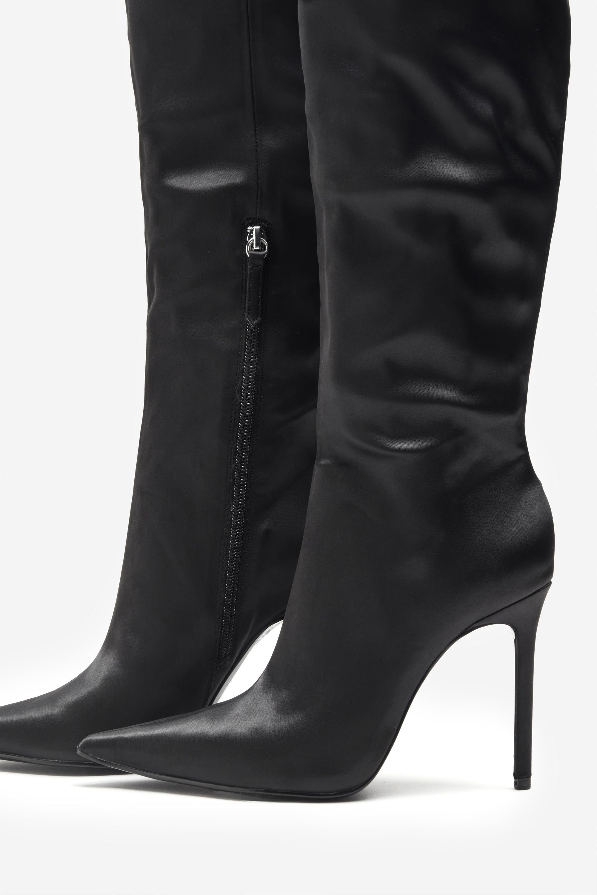 Soho | Black Satin Pointed Heeled Boots With Feather Trims - Club L London - AUS