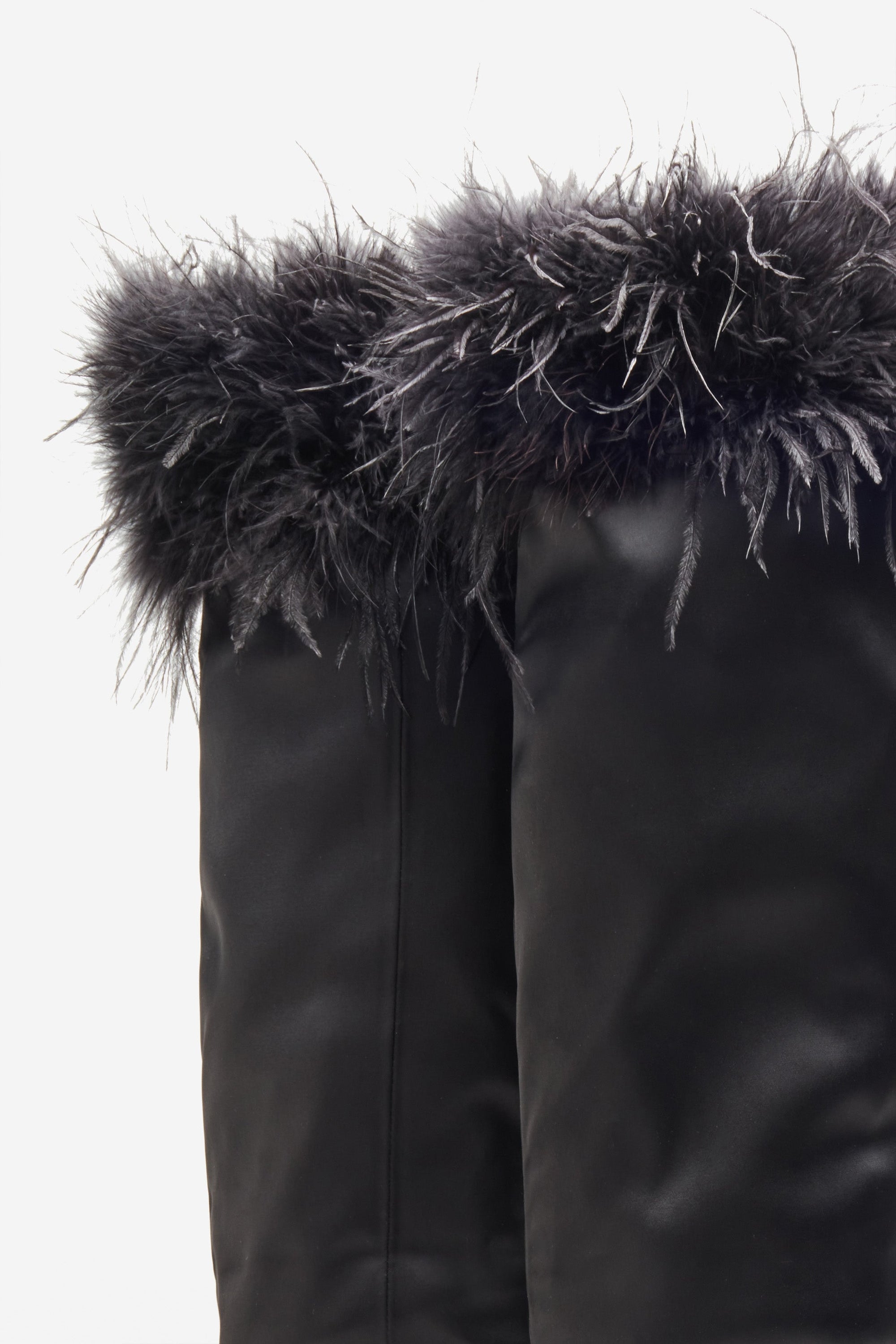 Soho | Black Satin Pointed Heeled Boots With Feather Trims - Club L London - AUS