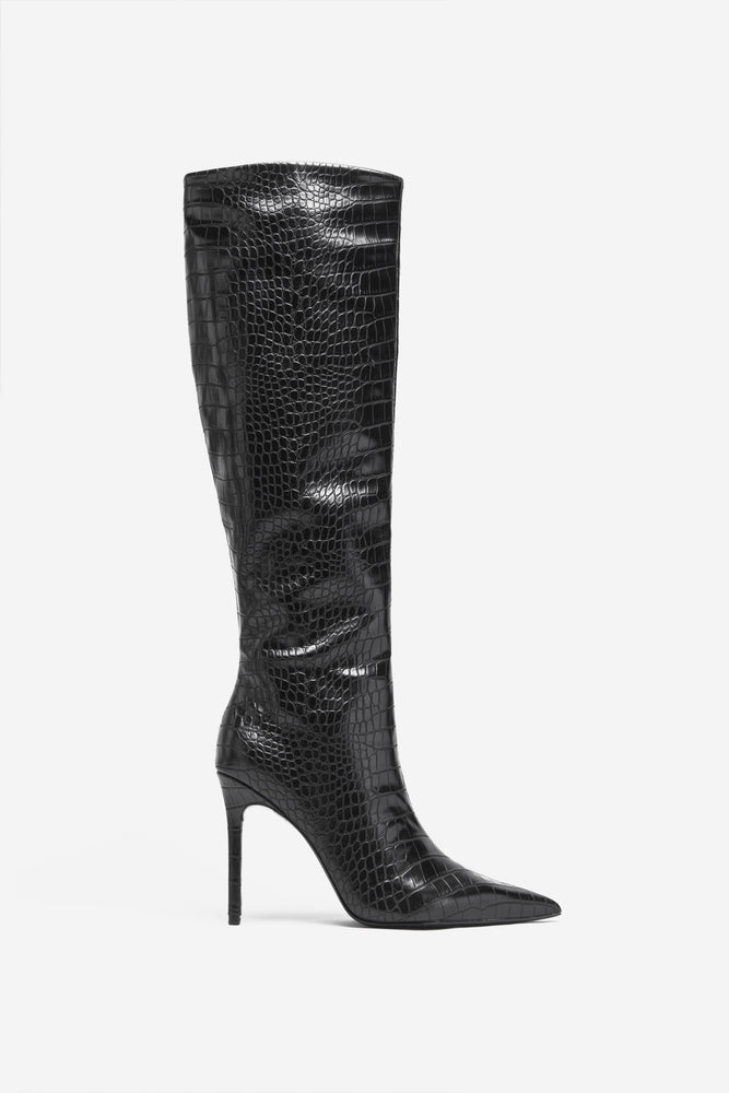 Over It Black Croc Fitted Over Knee Pointed Heeled Boots Club L London AUS