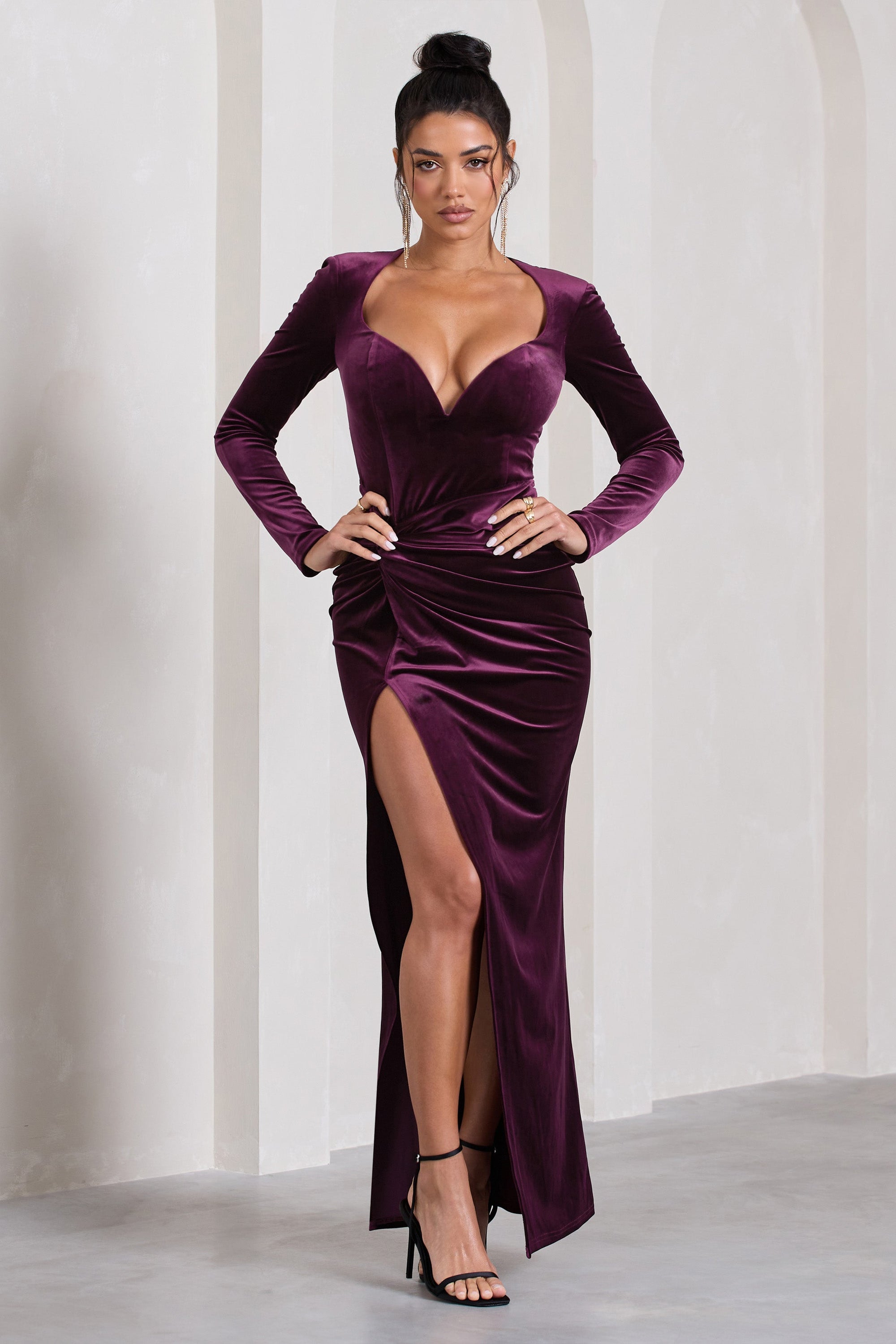 Vin Chaud | Dark Purple Velvet Long-Sleeved Split Maxi Dress - Club L London - AUS