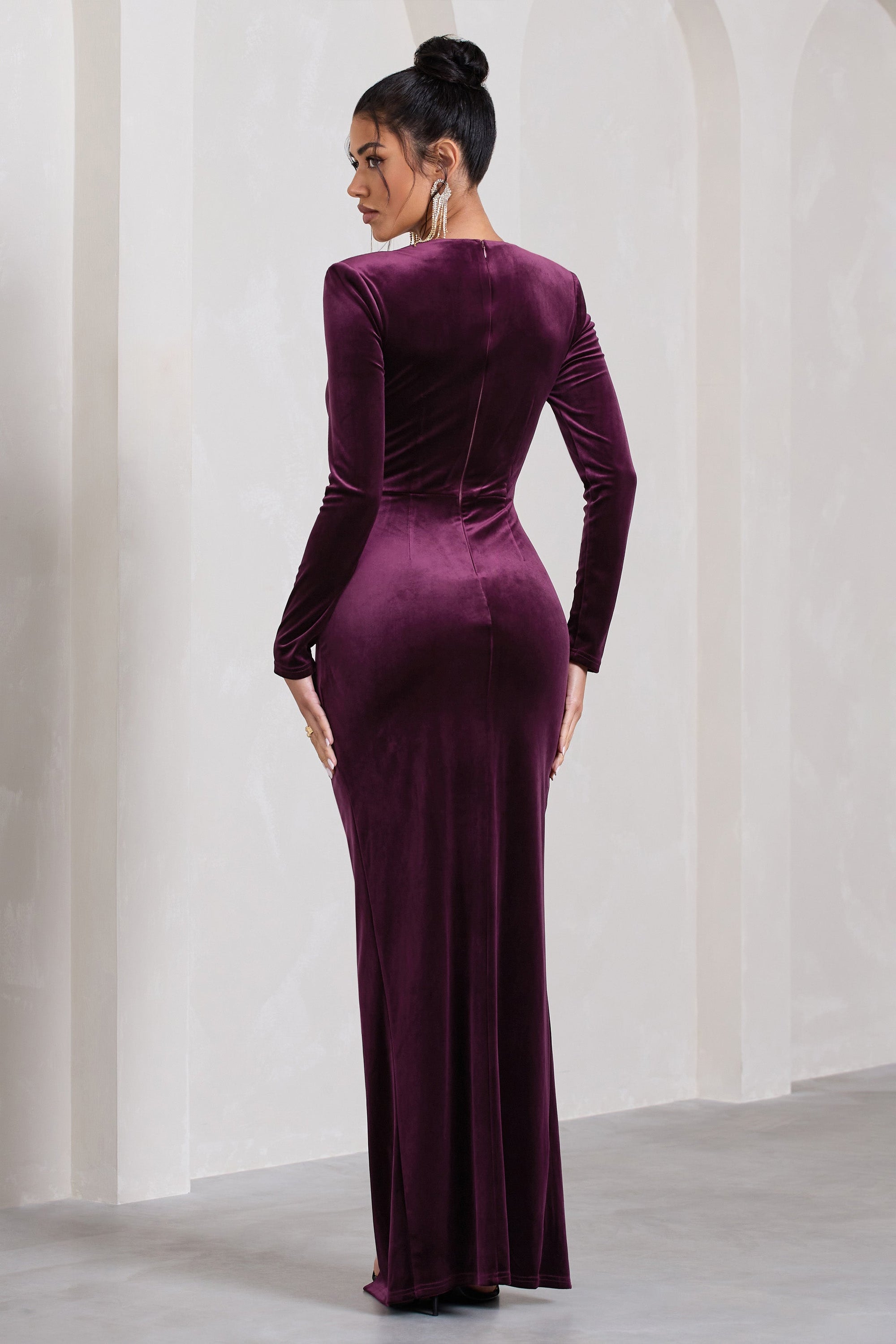 Vin Chaud | Dark Purple Velvet Long-Sleeved Split Maxi Dress - Club L London - AUS