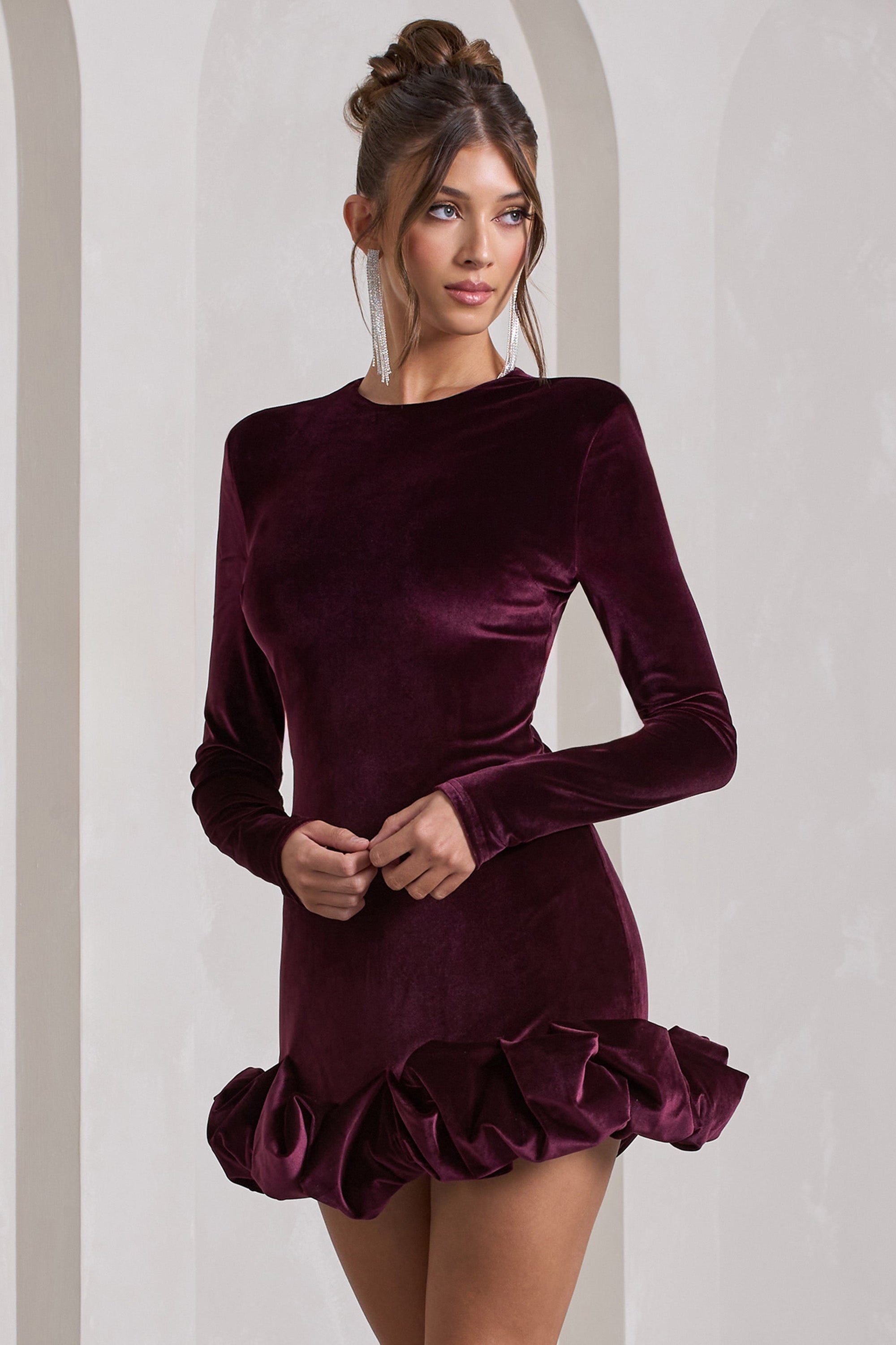 Claudine | Port Velvet Long-Sleeved Ruffled Mini Dress - Club L London - AUS