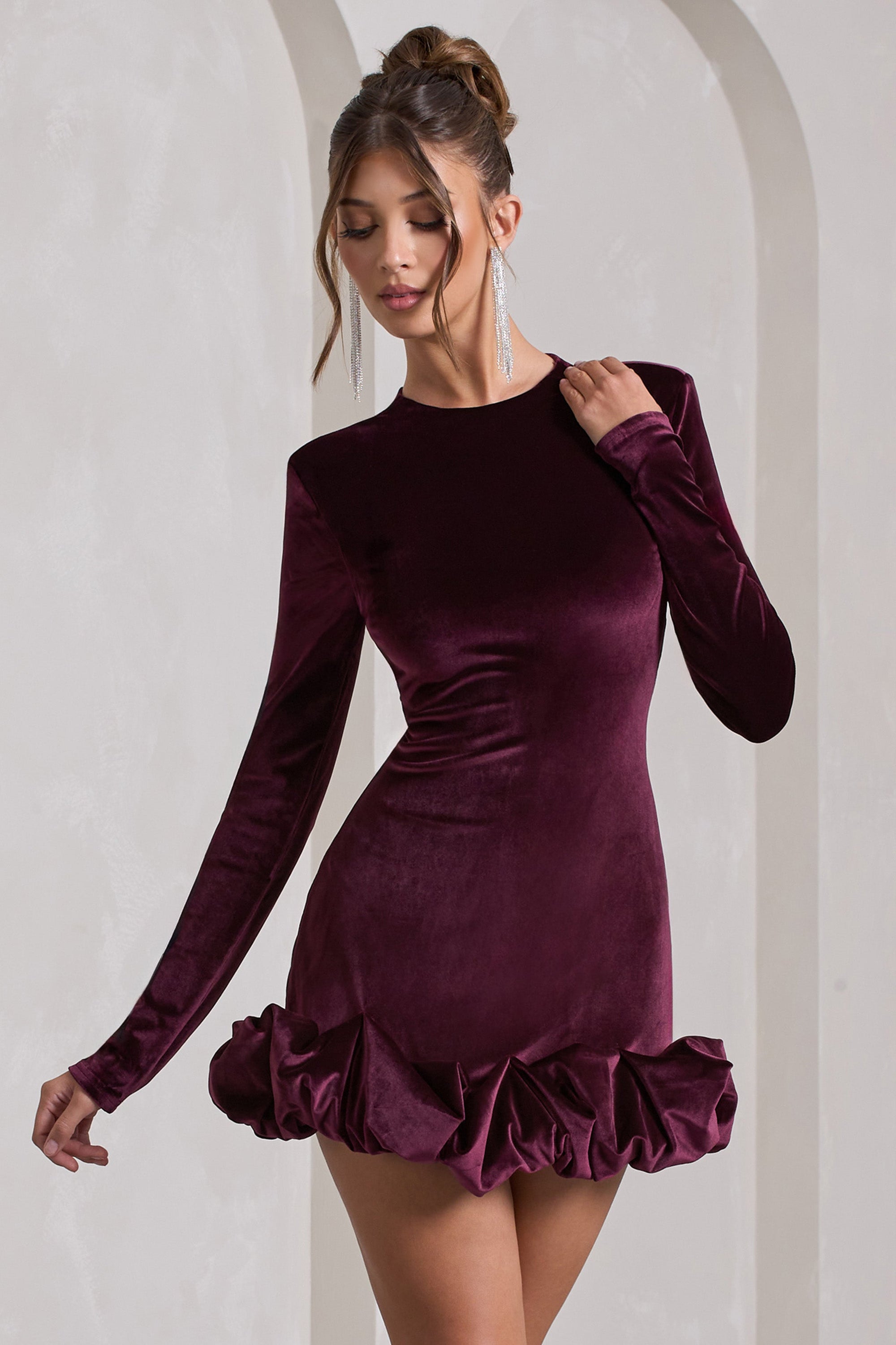 Claudine | Port Velvet Long-Sleeved Ruffled Mini Dress - Club L London - AUS