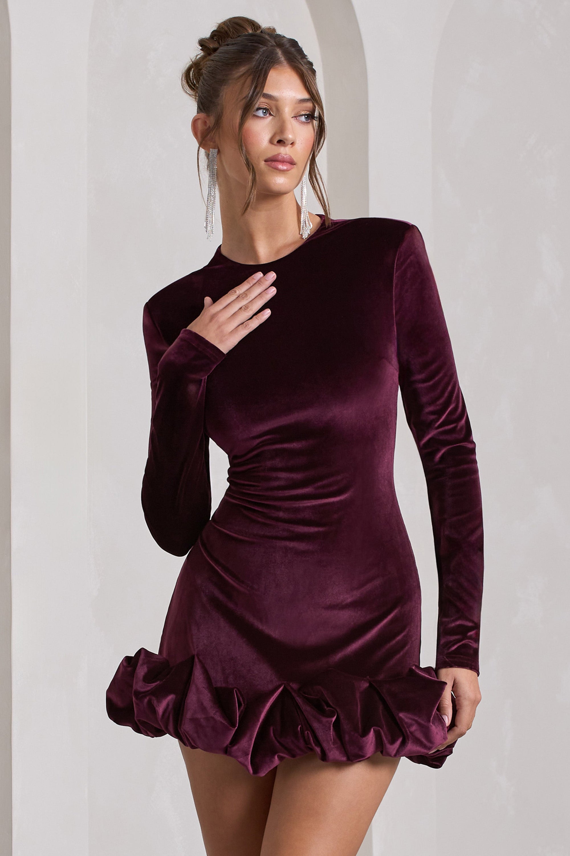 Claudine | Port Velvet Long-Sleeved Ruffled Mini Dress - Club L London - AUS