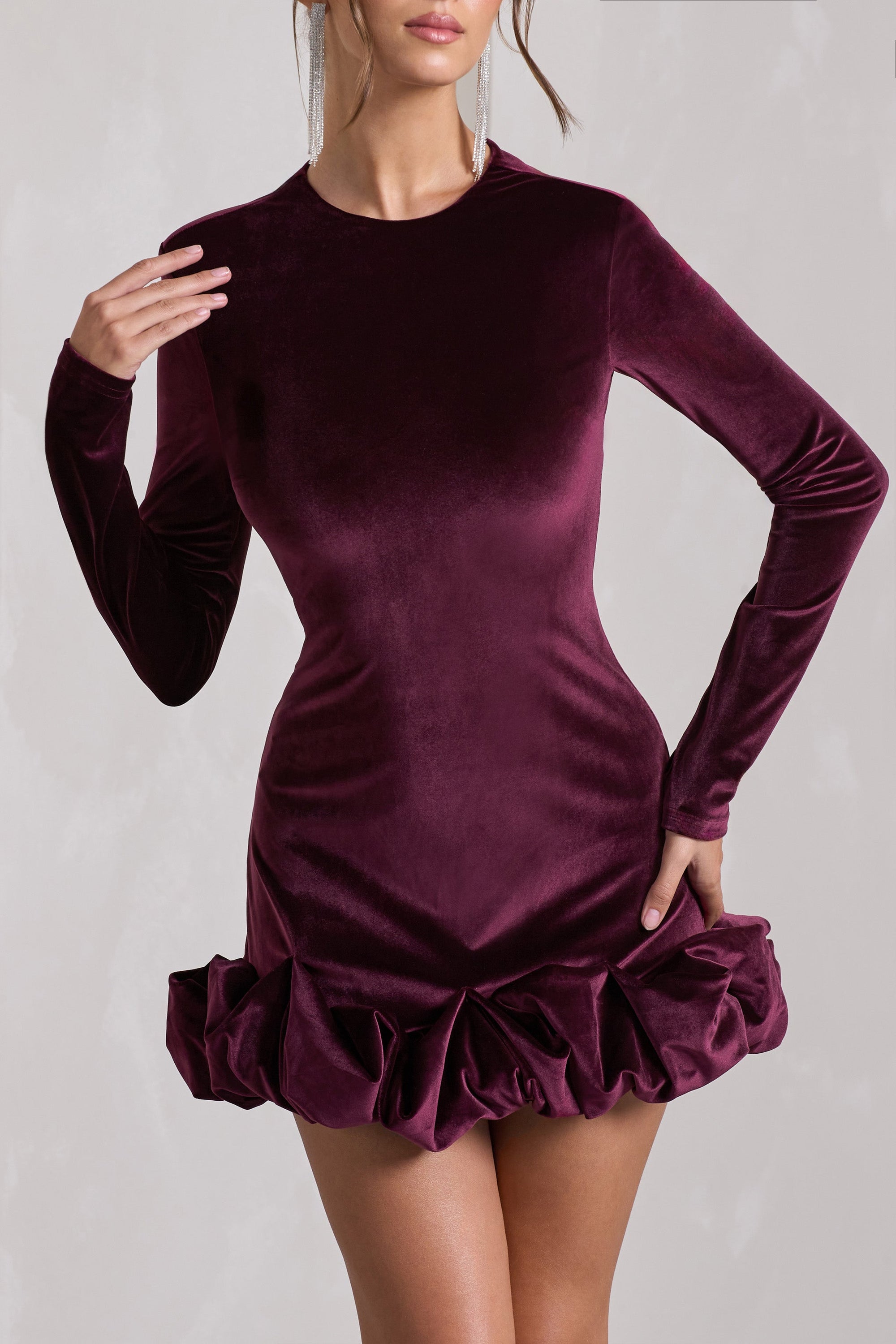 Claudine | Port Velvet Long-Sleeved Ruffled Mini Dress - Club L London - AUS