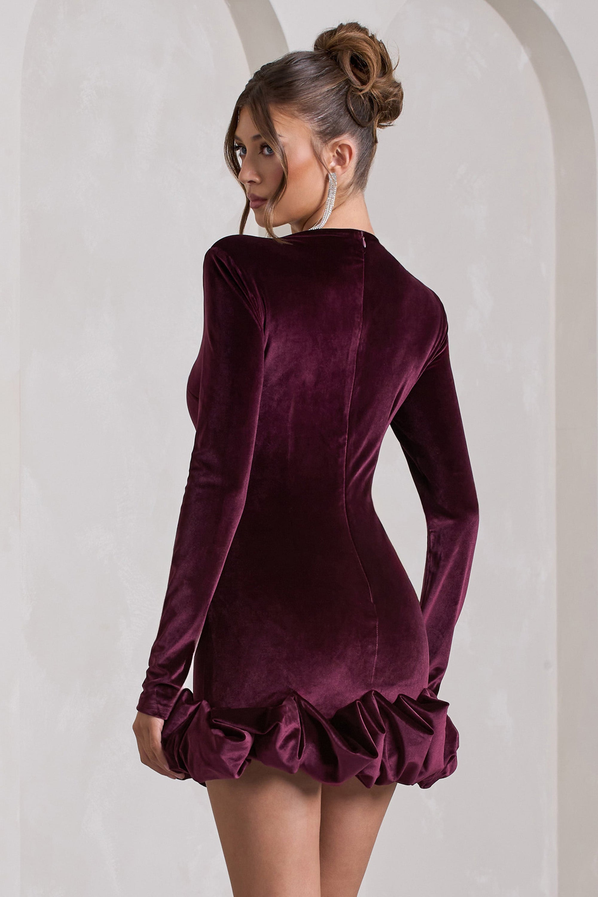 Claudine | Port Velvet Long-Sleeved Ruffled Mini Dress - Club L London - AUS