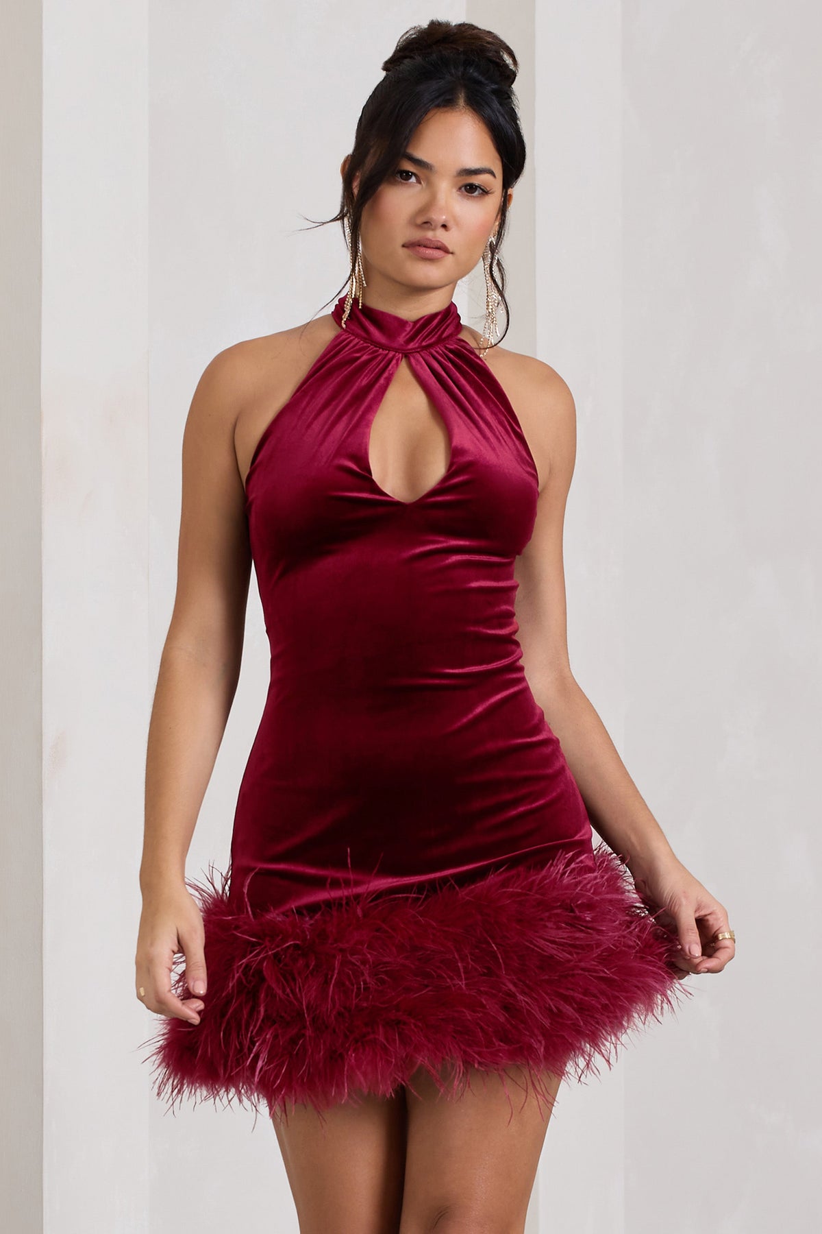 Tillie Berry Velvet High Neck Trapeze Mini Dress With Feather Hem