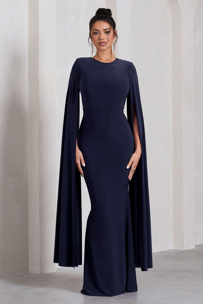 Kimmy Navy High Neck Maxi Dress With Cape Sleeves Club L London