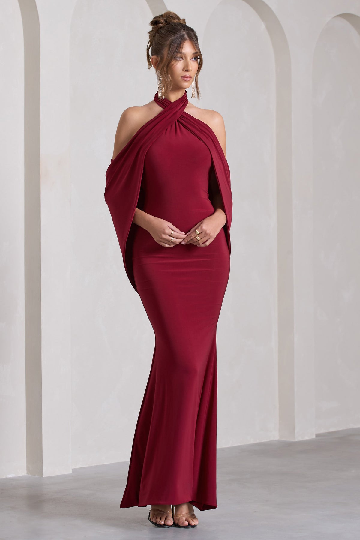 Revelation Berry Red Crossed Halter Neck Fishtail Maxi Dress With