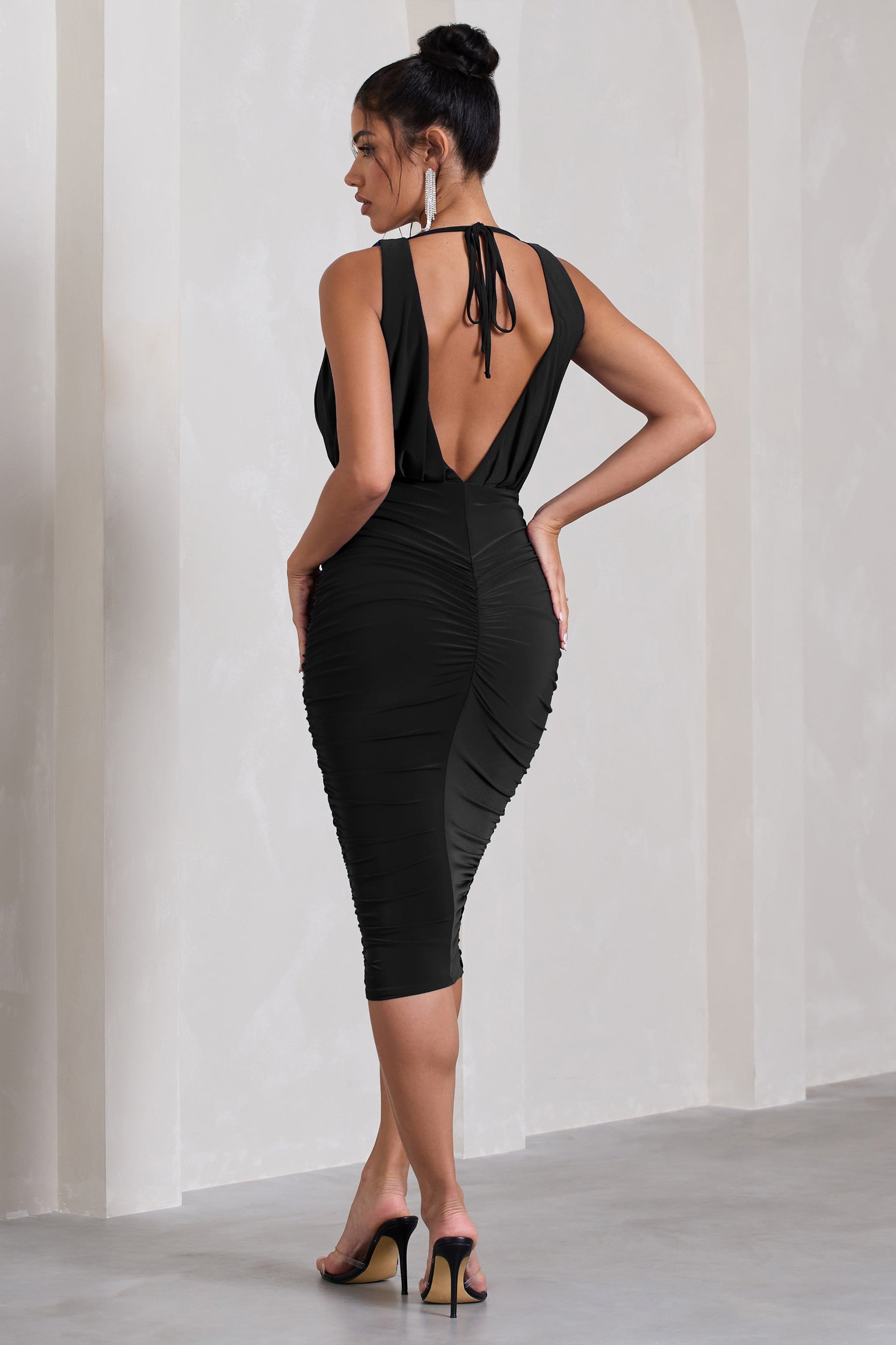Marlowe | Black Ruched Plunge Sleeveless Midi Dress - Club L London - AUS