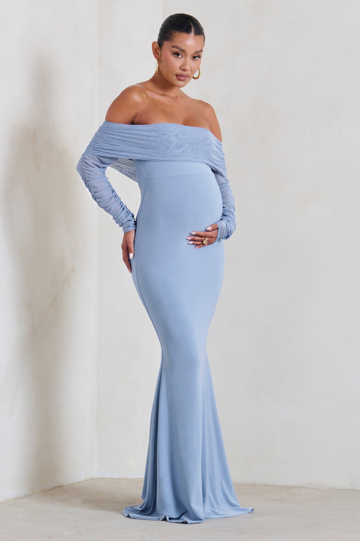 Outline | Powder Blue Crew-Neck Maternity Maxi Dress With Pleated Skirt