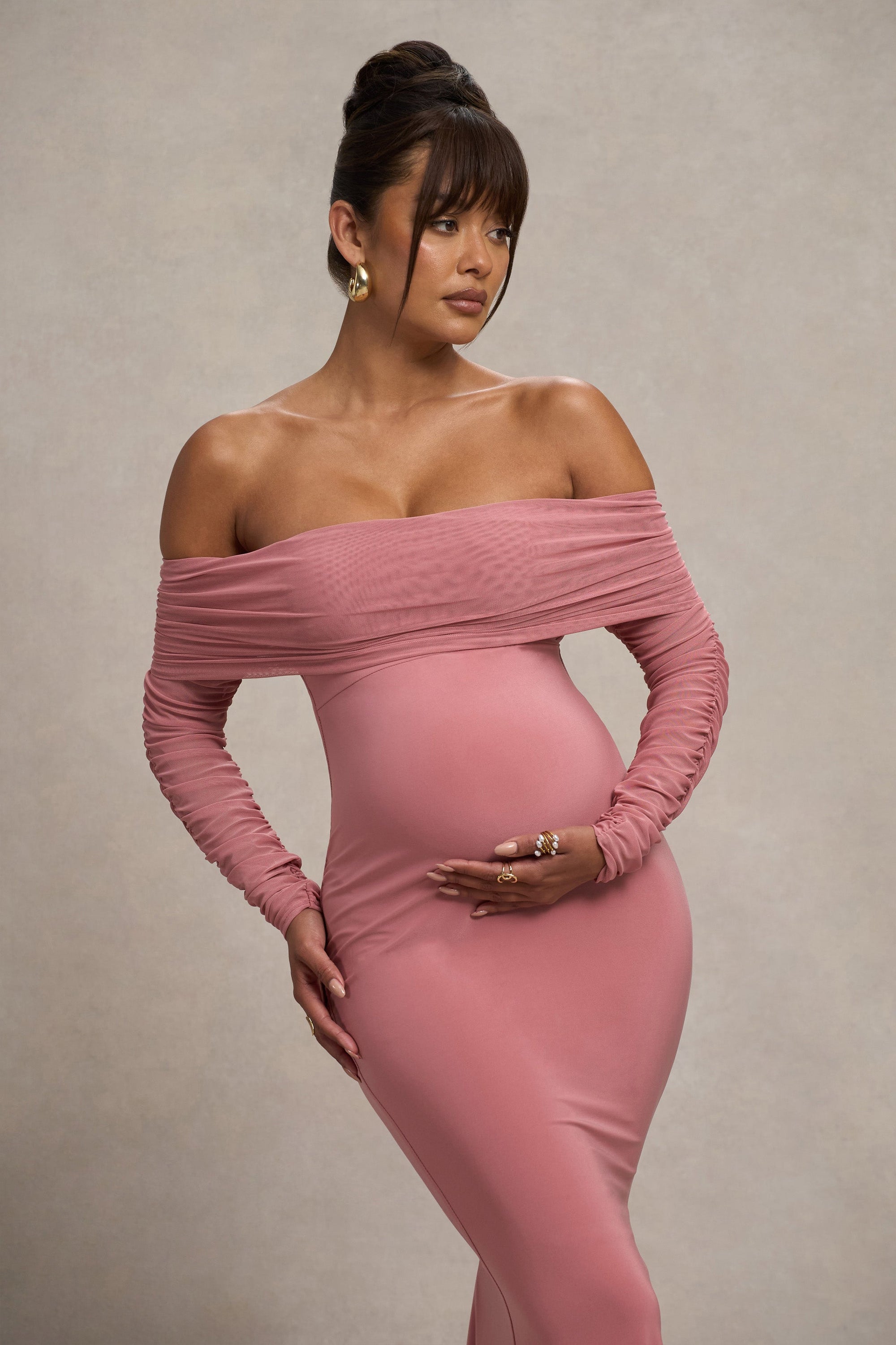Pretty Perfect | Blush Pink Maternity Ruched Mesh Bardot Maxi Dress - Club L London - AUS