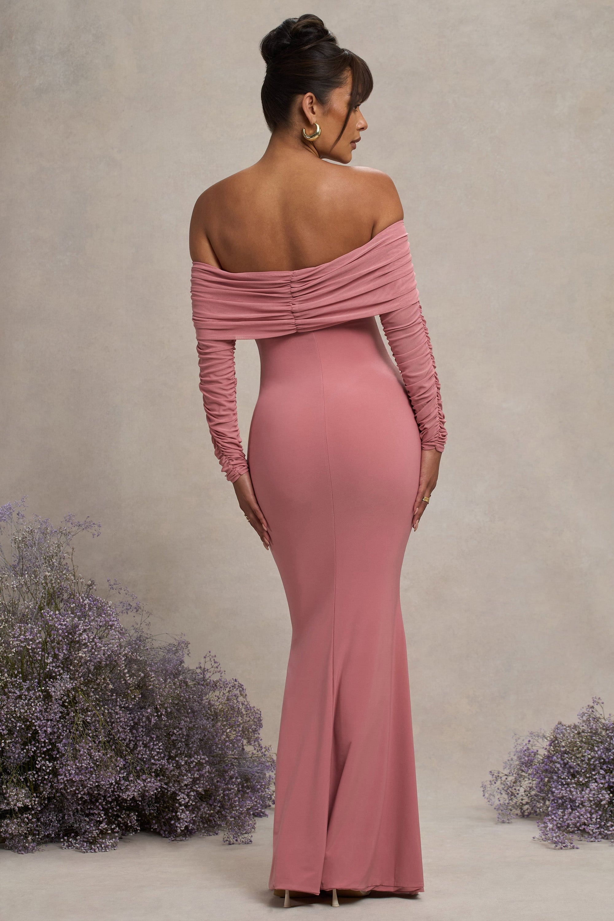 Pretty Perfect | Blush Pink Maternity Ruched Mesh Bardot Maxi Dress - Club L London - AUS