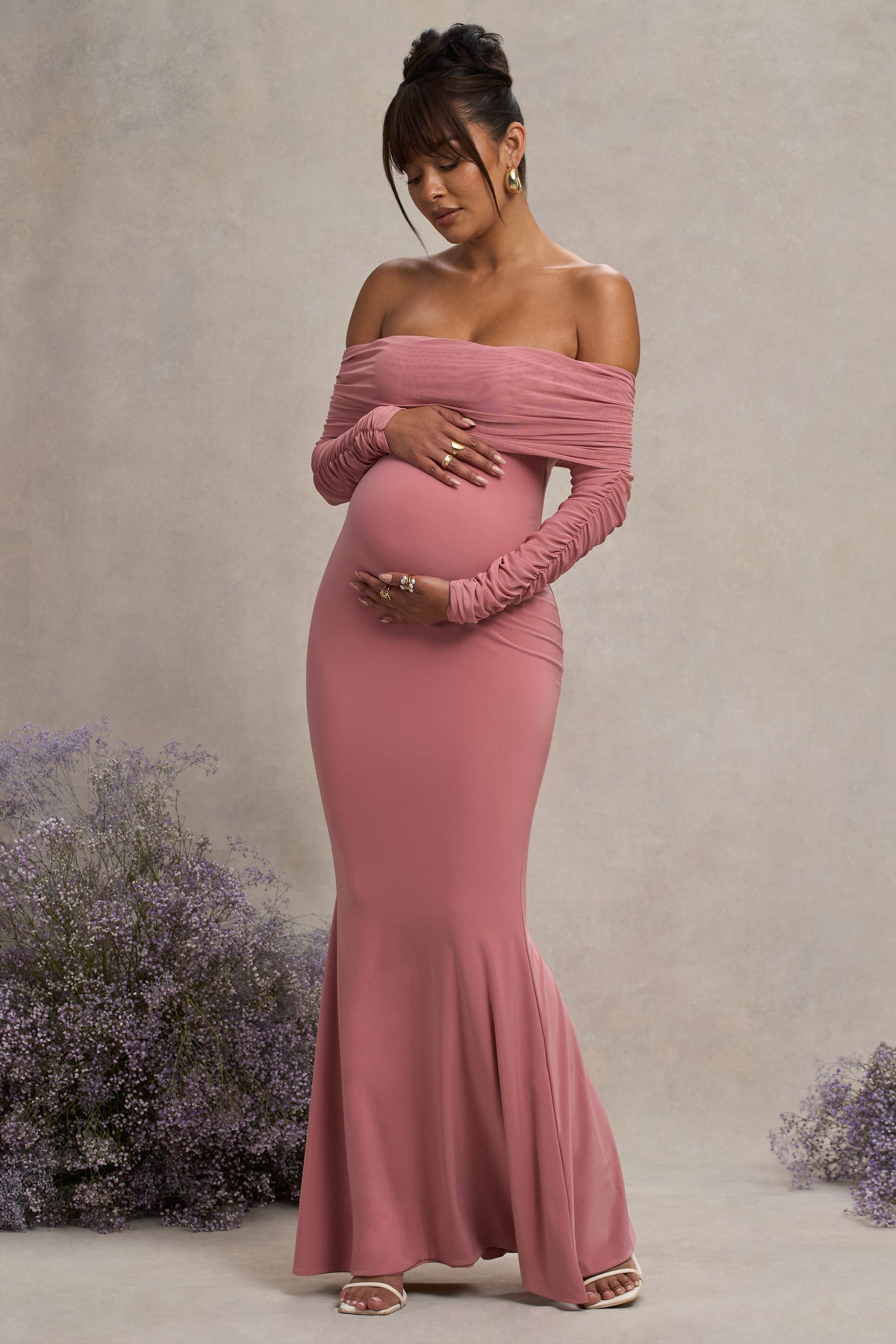 Pretty Perfect | Blush Pink Maternity Ruched Mesh Bardot Maxi Dress - Club L London - AUS
