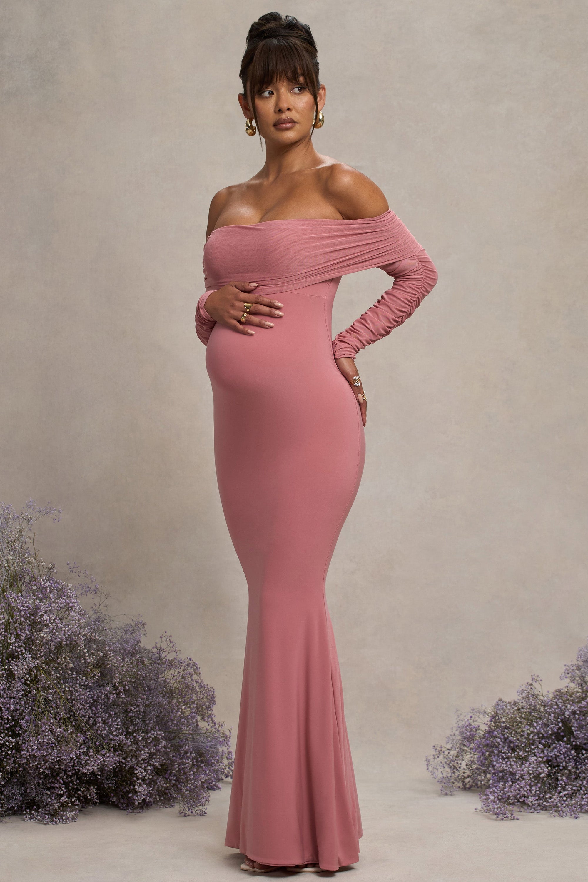 Pretty Perfect | Blush Pink Maternity Ruched Mesh Bardot Maxi Dress - Club L London - AUS