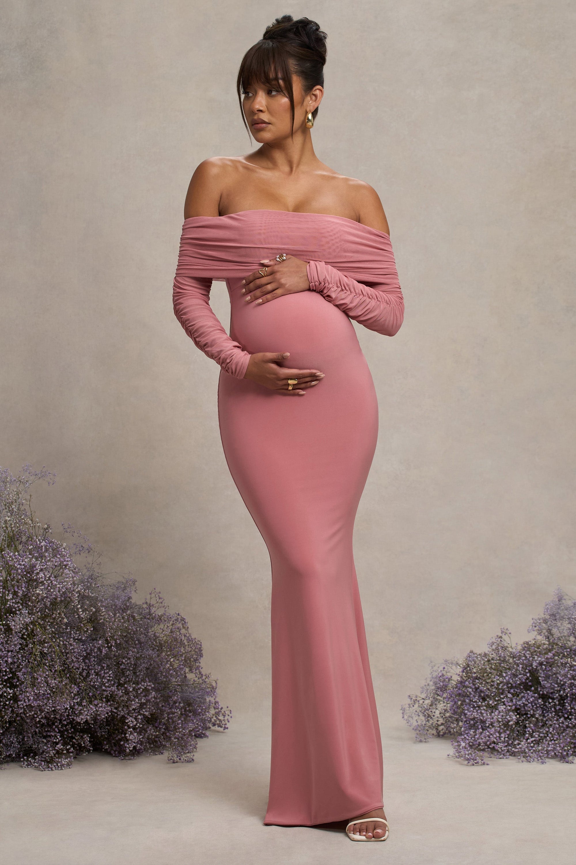 Pretty Perfect | Blush Pink Maternity Ruched Mesh Bardot Maxi Dress - Club L London - AUS
