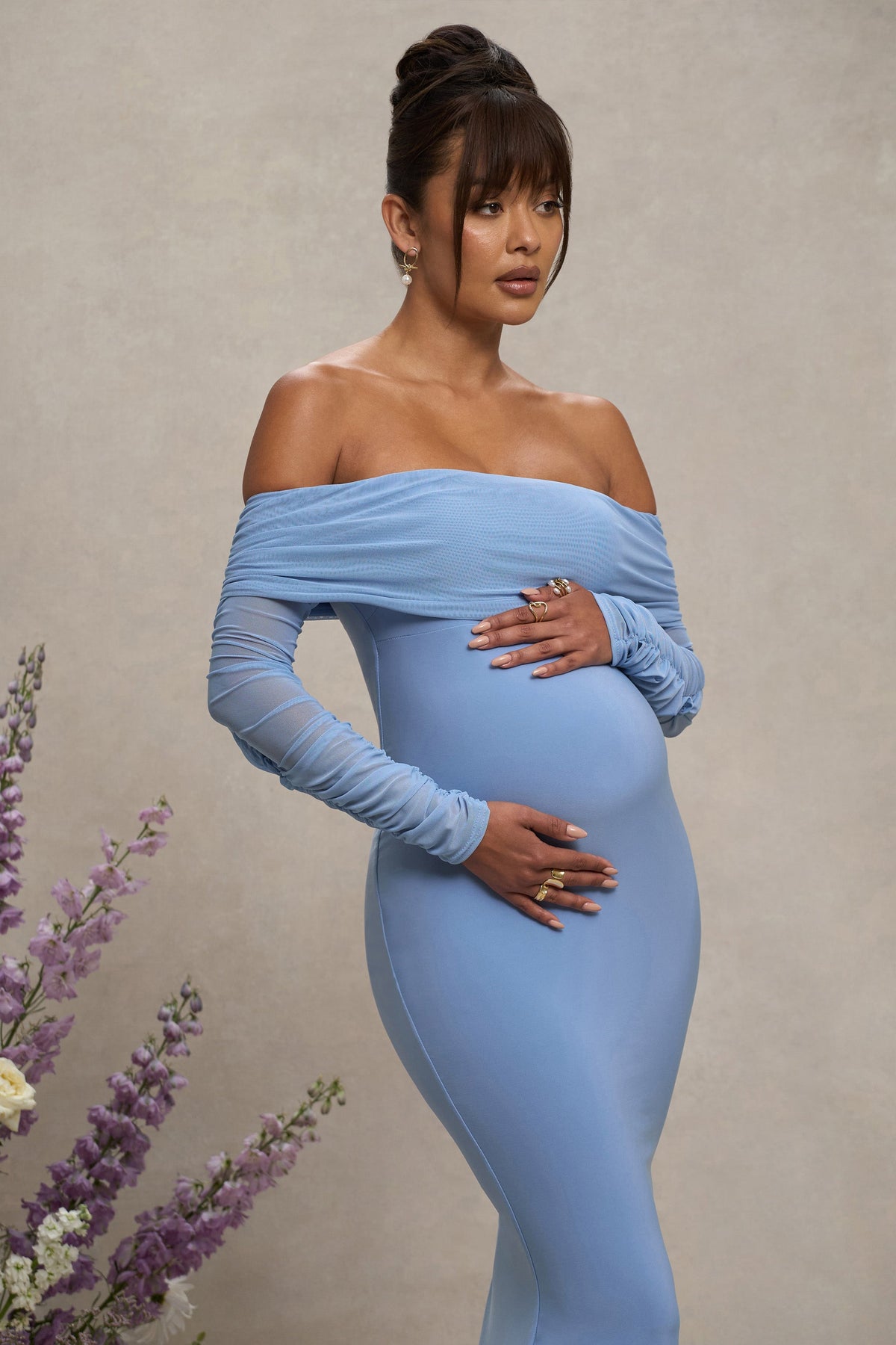 Pretty Perfect | Powder Blue Maternity Ruched Mesh Bardot Maxi Dress - Club L London - AUS