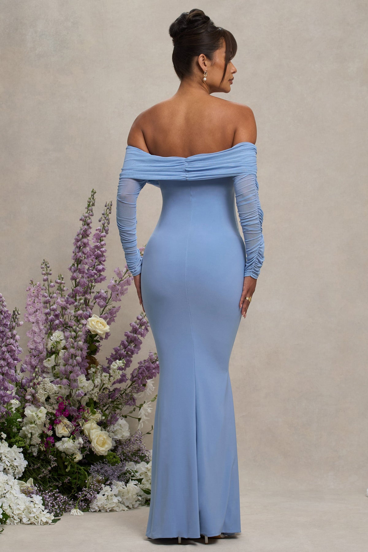 Pretty Perfect | Powder Blue Maternity Ruched Mesh Bardot Maxi Dress - Club L London - AUS