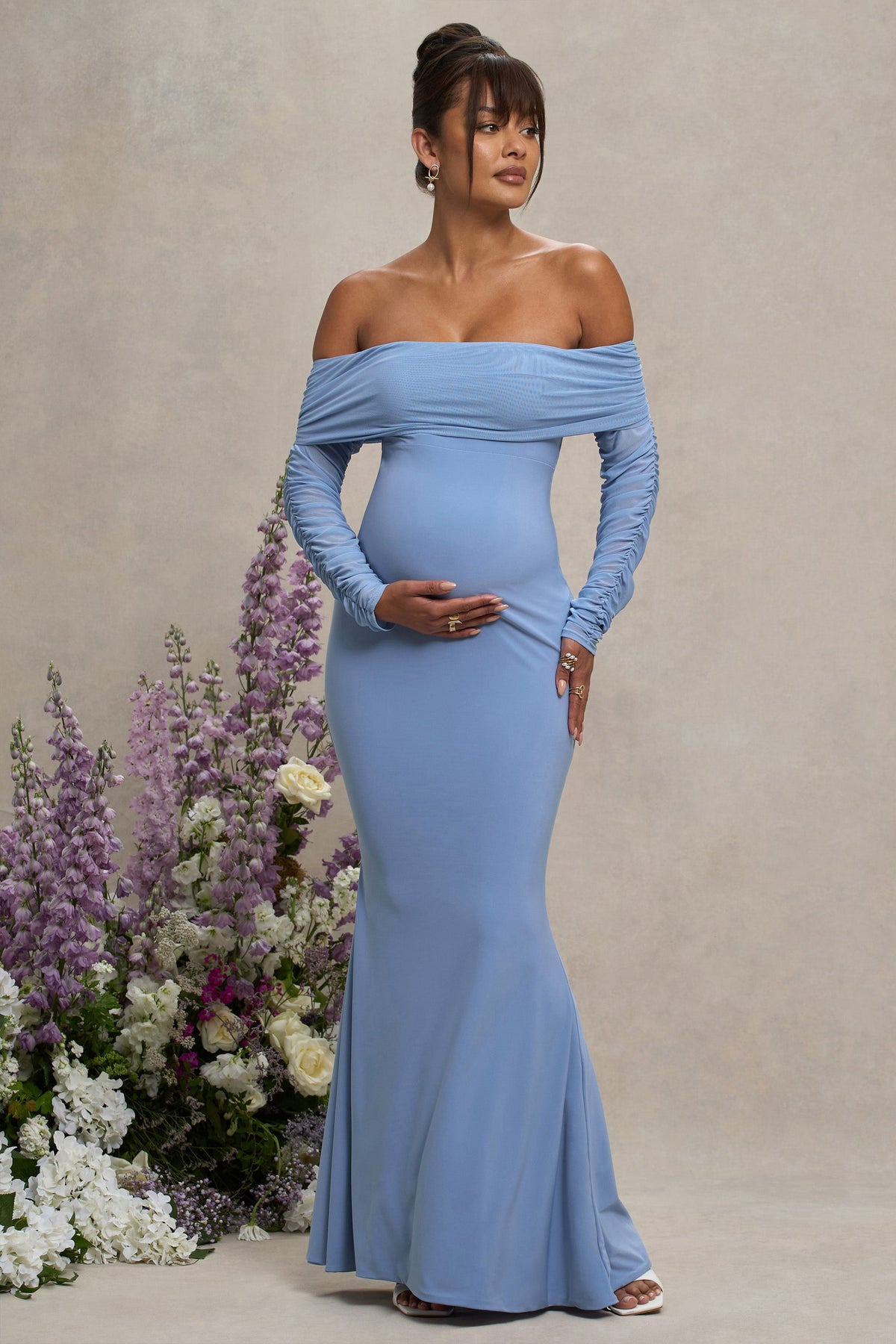 Pretty Perfect | Powder Blue Maternity Ruched Mesh Bardot Maxi Dress - Club L London - AUS