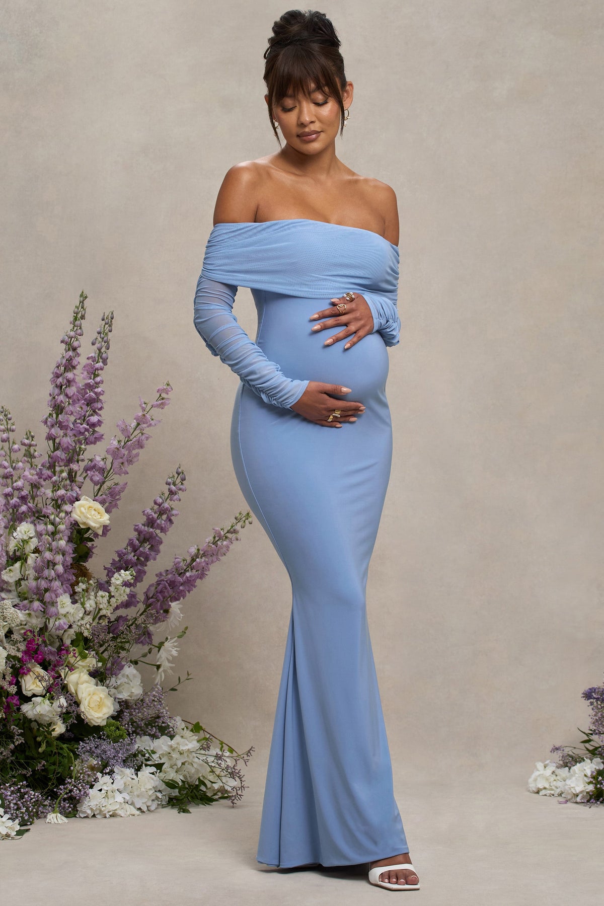 Pretty Perfect | Powder Blue Maternity Ruched Mesh Bardot Maxi Dress - Club L London - AUS