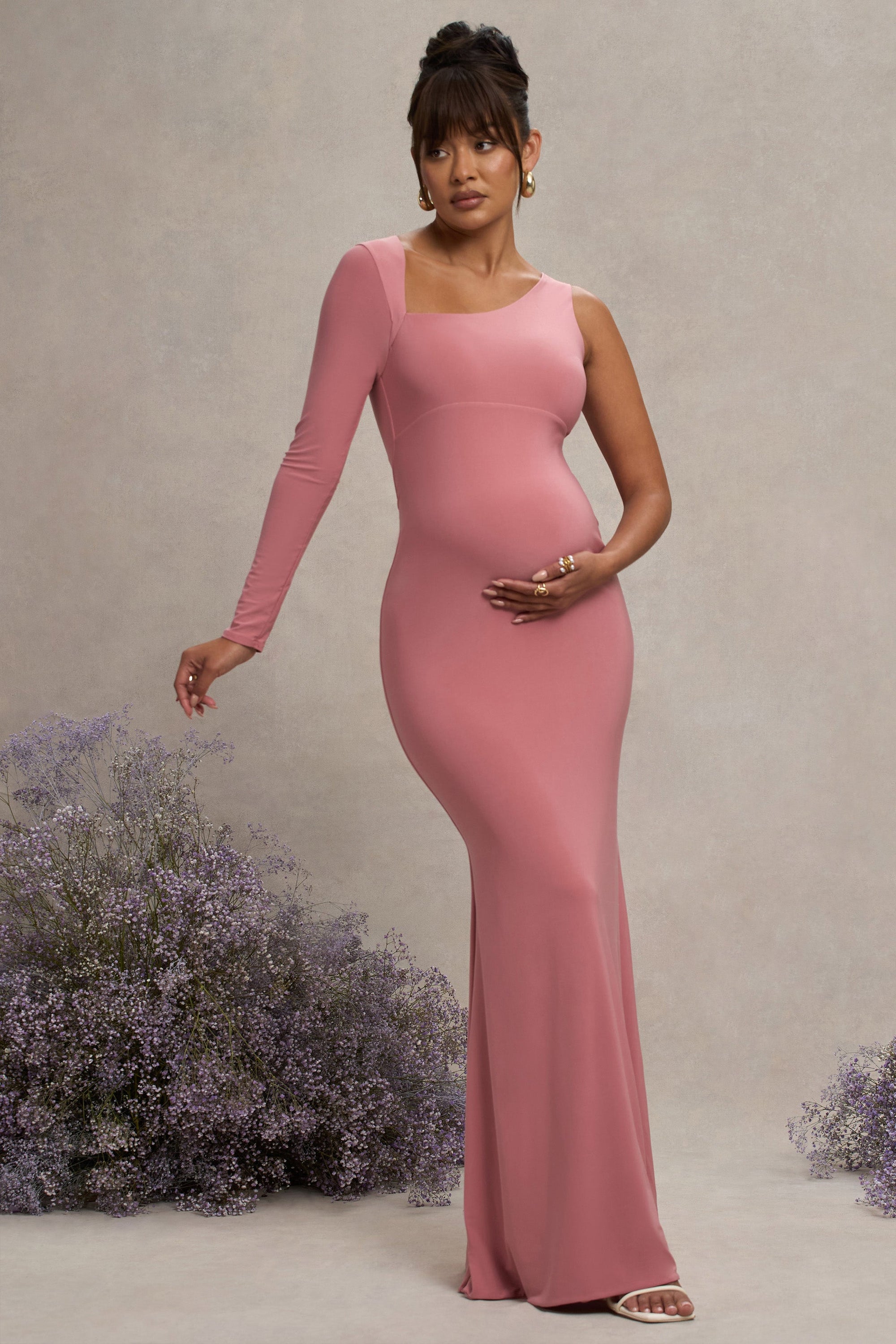 Oh Baby | Blush Maternity One Shoulder Bodycon Maxi Dress - Club L London - AUS