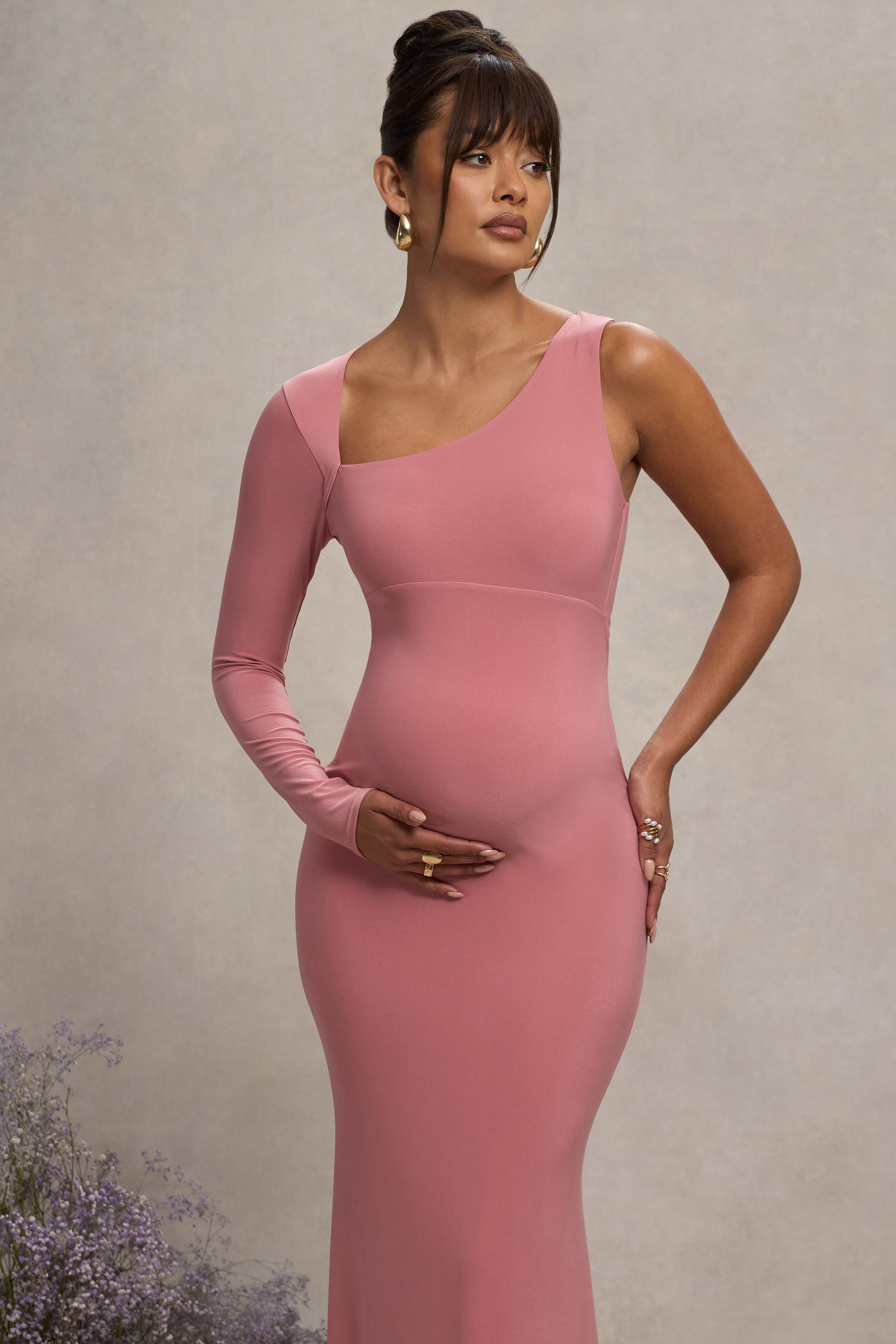 Oh Baby | Blush Maternity One Shoulder Bodycon Maxi Dress - Club L London - AUS