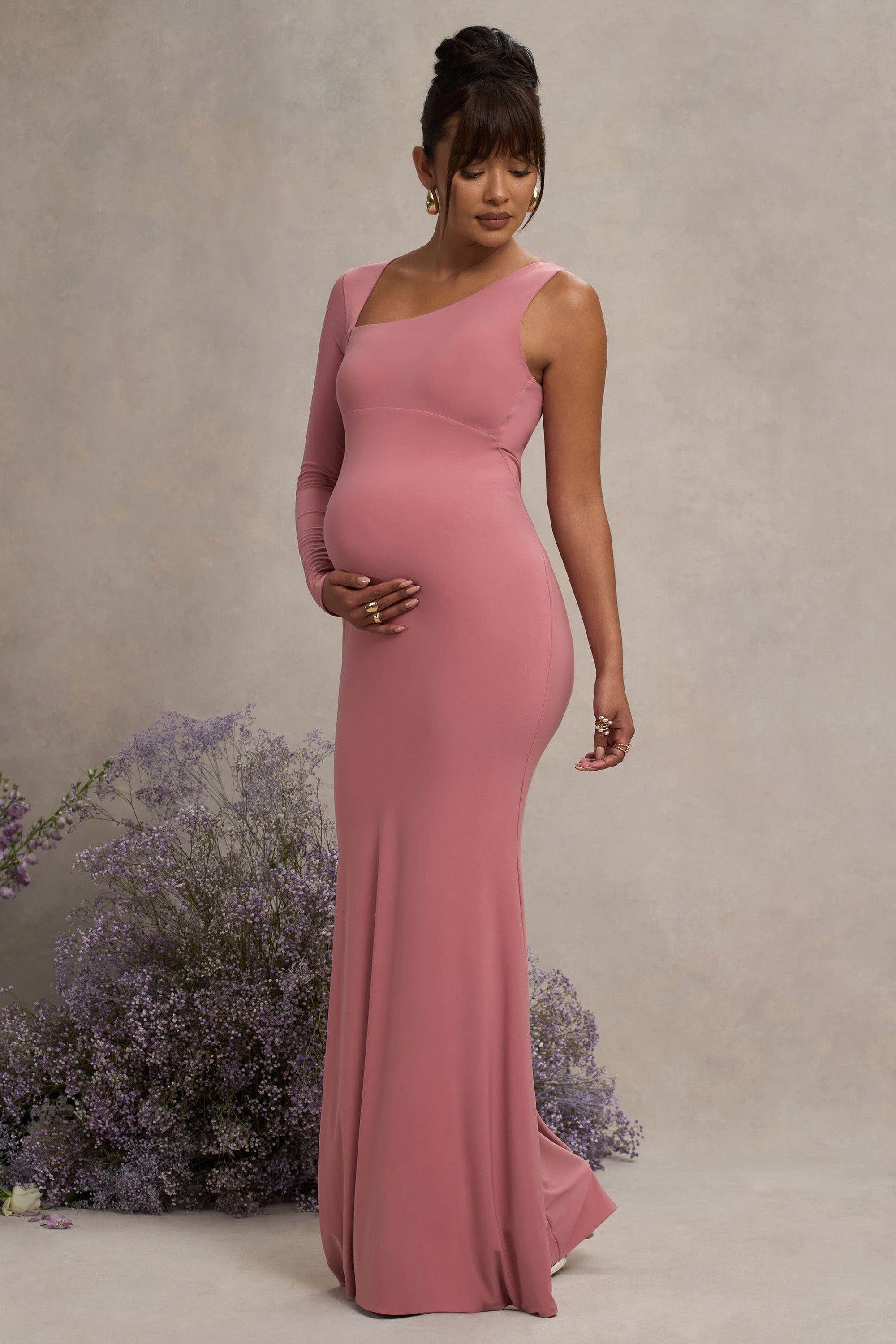 Oh Baby | Blush Maternity One Shoulder Bodycon Maxi Dress - Club L London - AUS