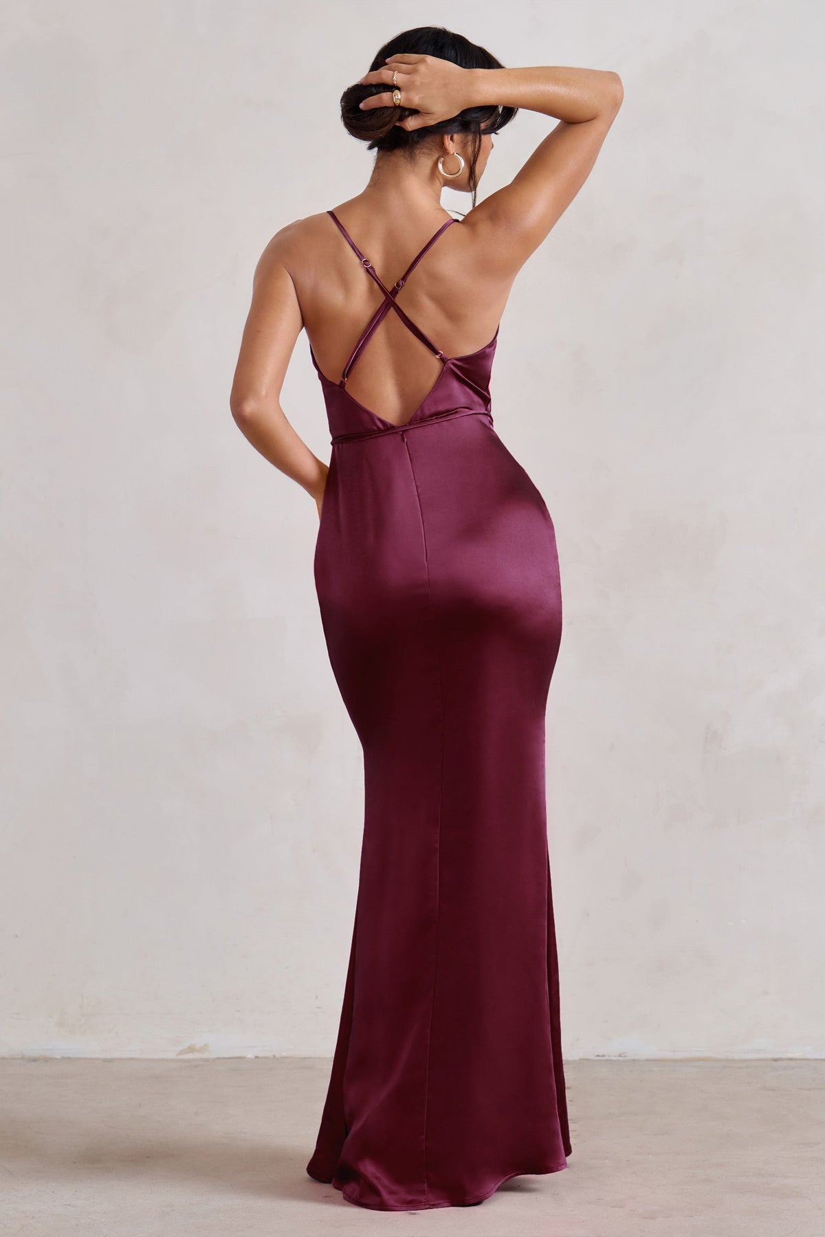 Red Burgundy Satin Corset Cowl Neck Maxi Prom Formal Dress with