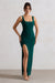 Kate | Bottle Green Square Neck Maxi Dress with Plunge Back and Side Thigh Split - Club L London - AUS