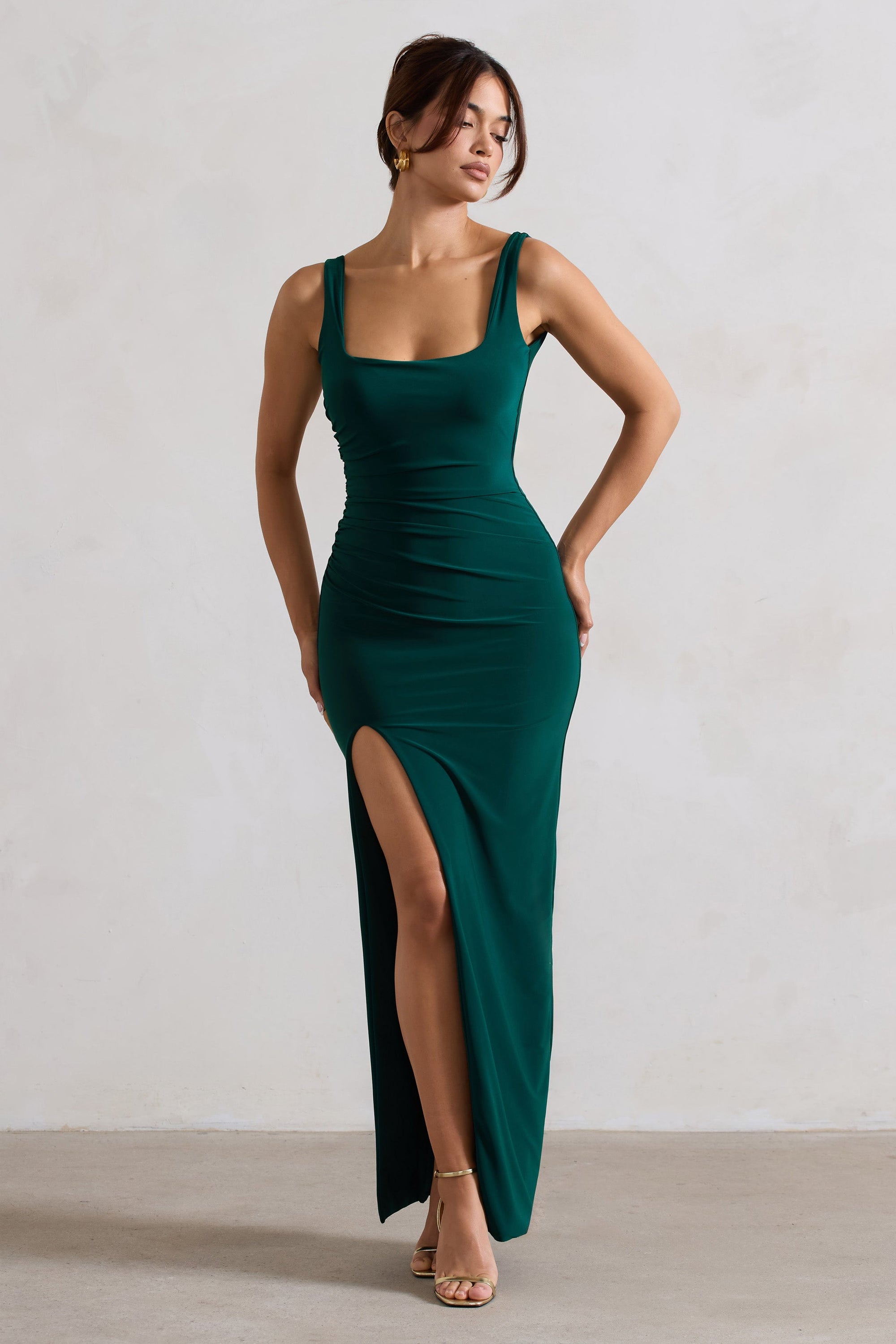 Kate | Bottle Green Square Neck Maxi Dress with Plunge Back and Side Thigh Split - Club L London - AUS