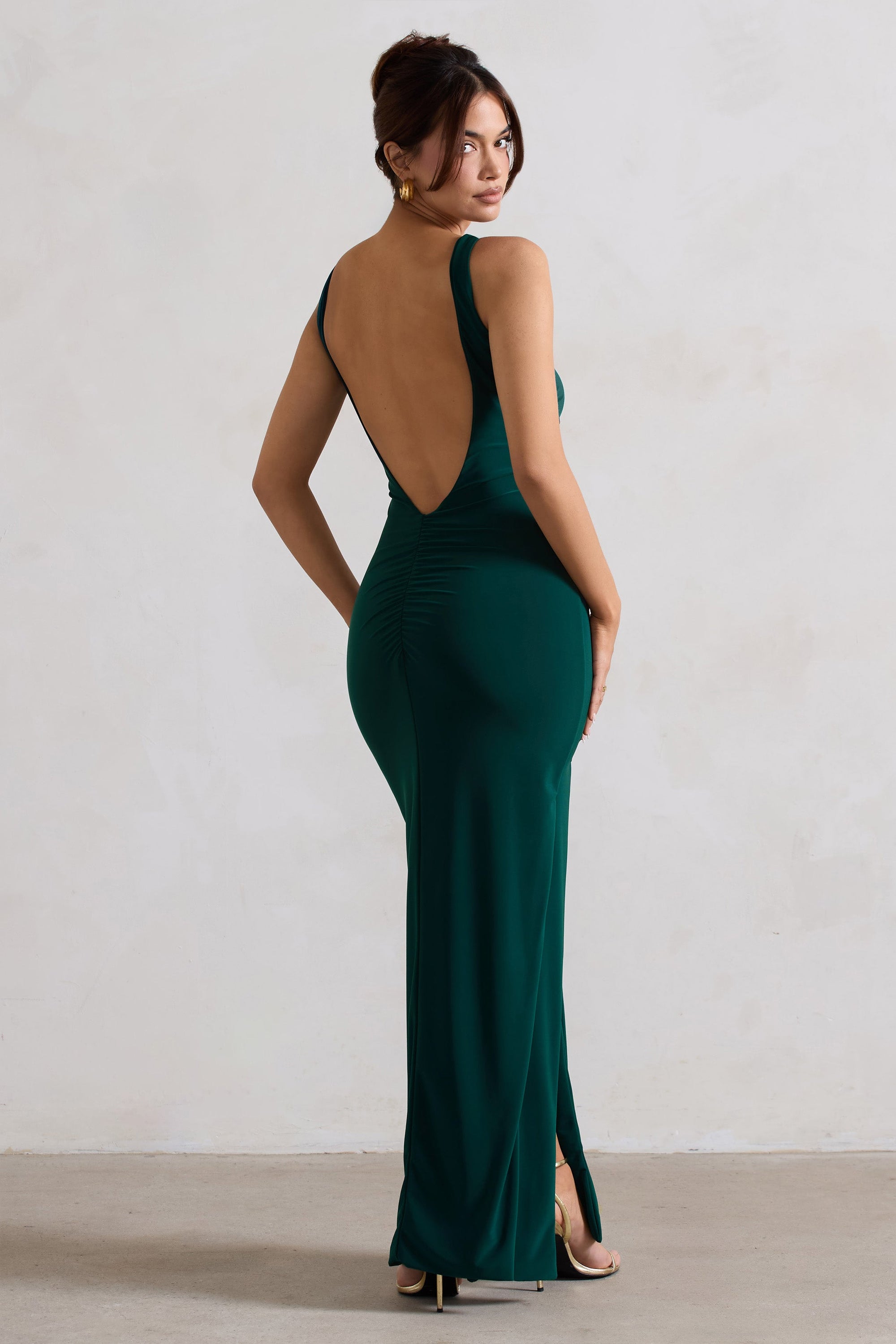 Kate | Bottle Green Square Neck Maxi Dress with Plunge Back and Side Thigh Split - Club L London - AUS