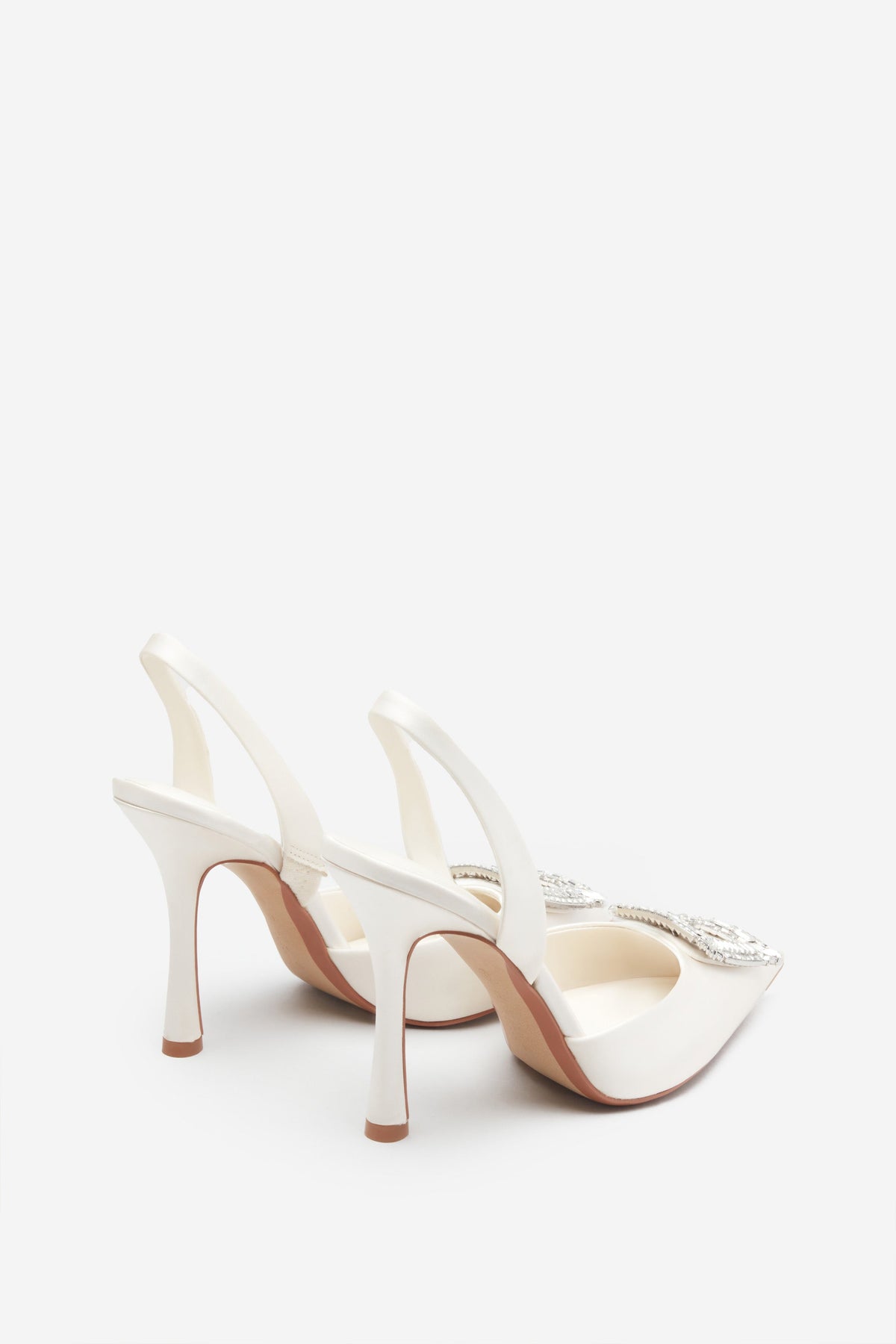 Just A Fling Ivory Satin Sling Back Heels With Diamante Brooches