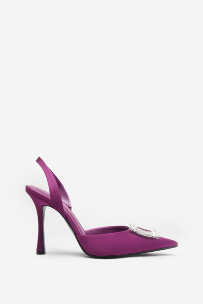 Just A Fling Purple Satin Sling Back Heels With Diamante Brooches Club L London AUS