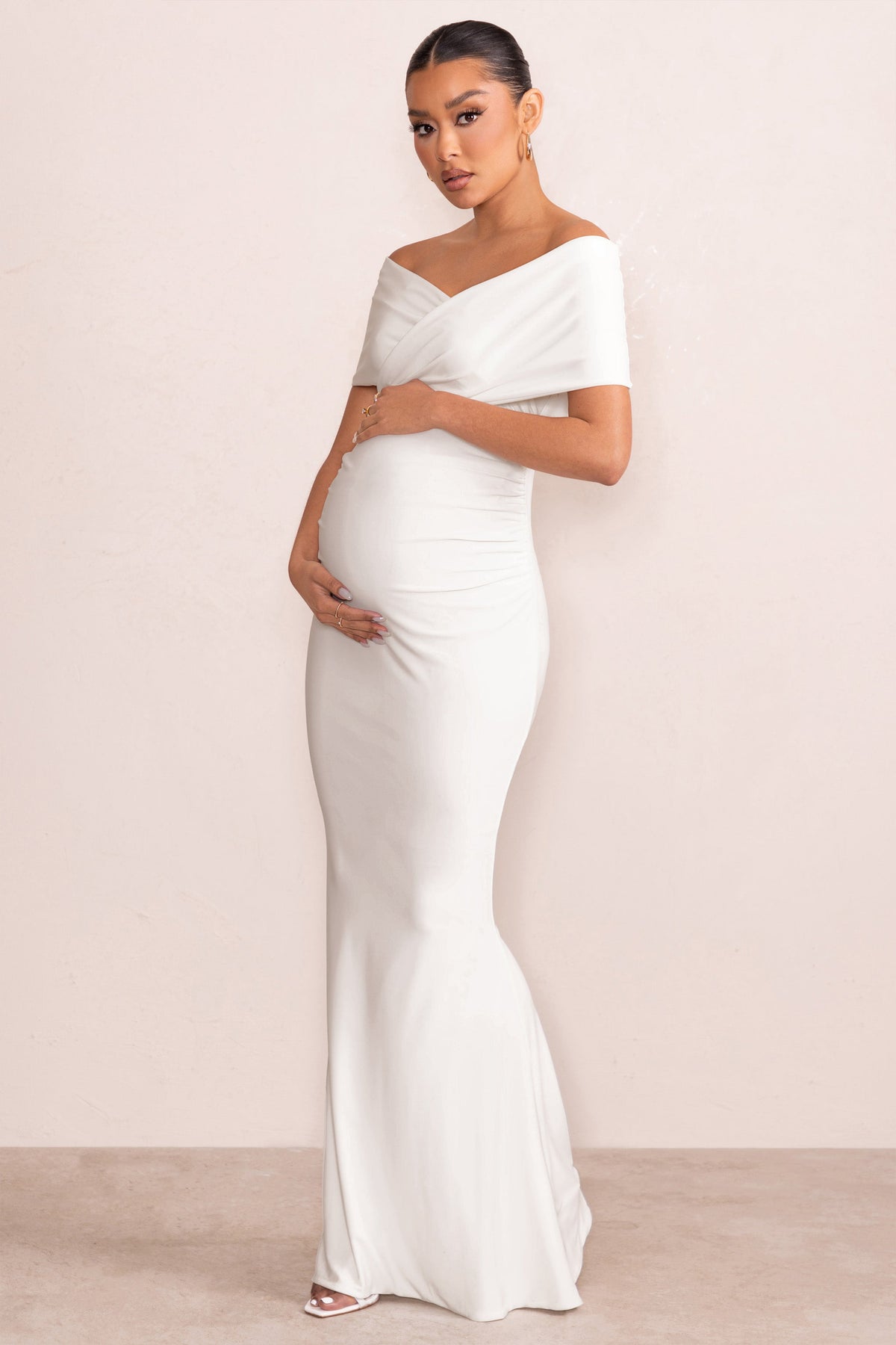 Pretty Perfect White Maternity Ruched Mesh Bardot Maxi Dress – Club L  London - USA