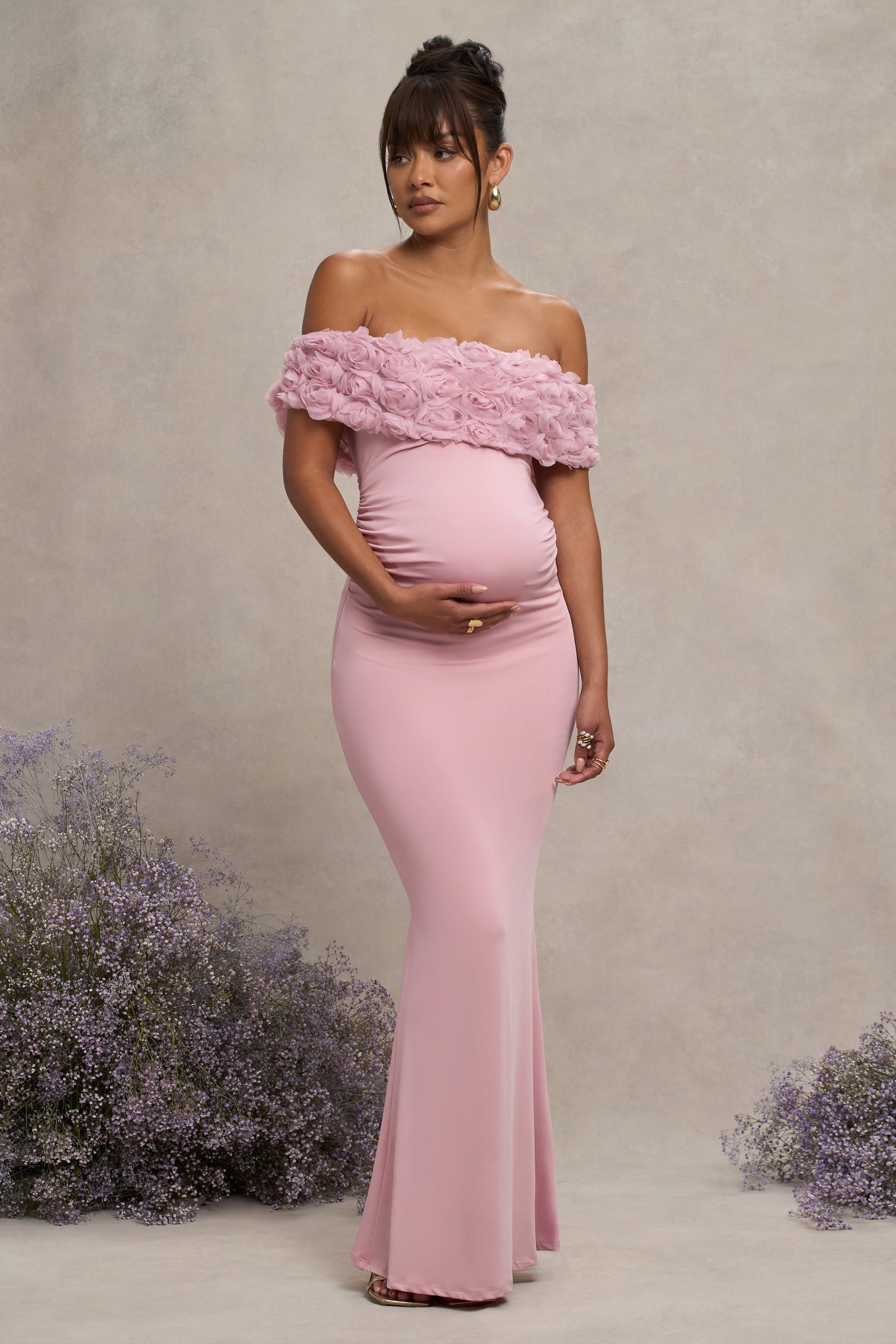 Inflorescence | Blush Pink Mesh Floral Bardot Maternity Maxi Dress - Club L London - AUS