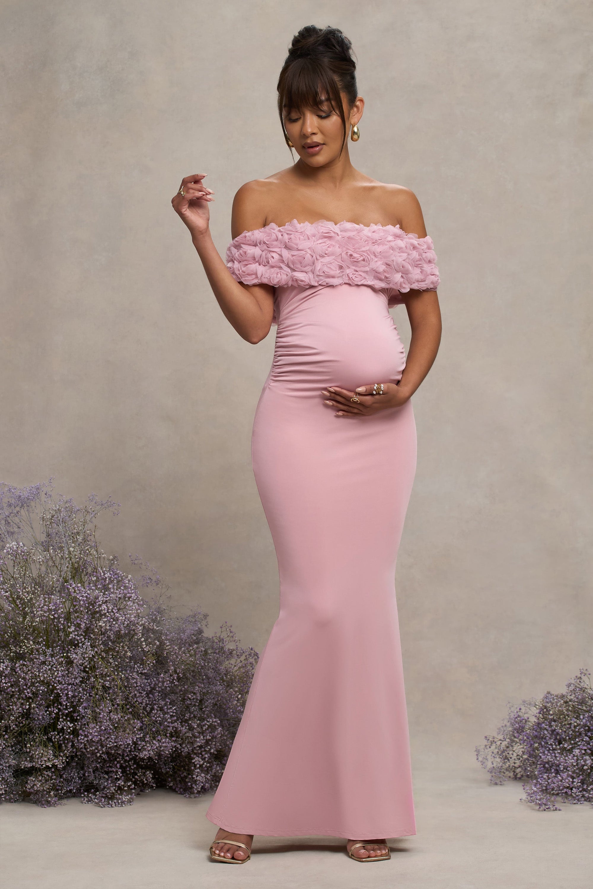 Inflorescence | Blush Pink Mesh Floral Bardot Maternity Maxi Dress - Club L London - AUS