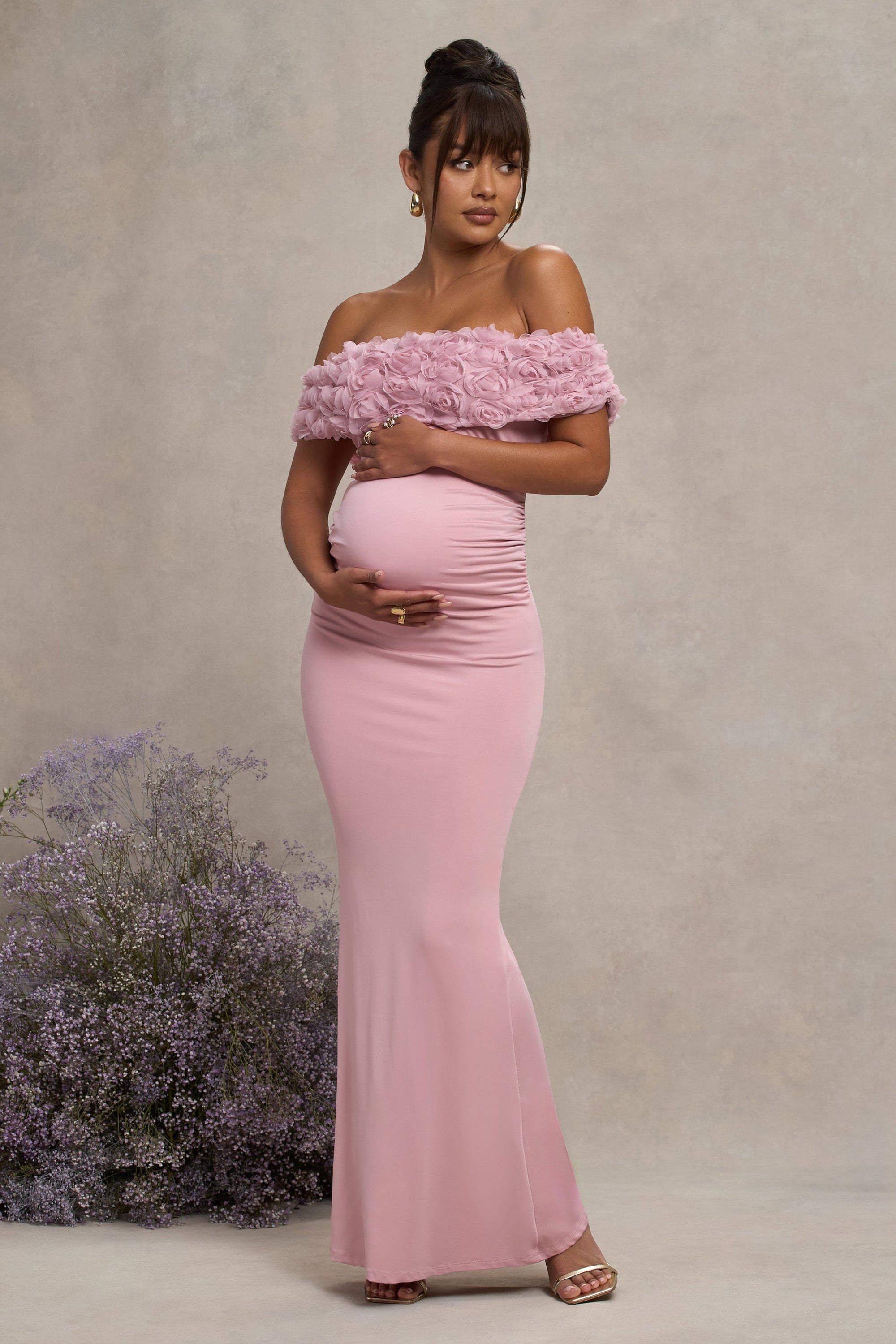 Inflorescence | Blush Pink Mesh Floral Bardot Maternity Maxi Dress - Club L London - AUS