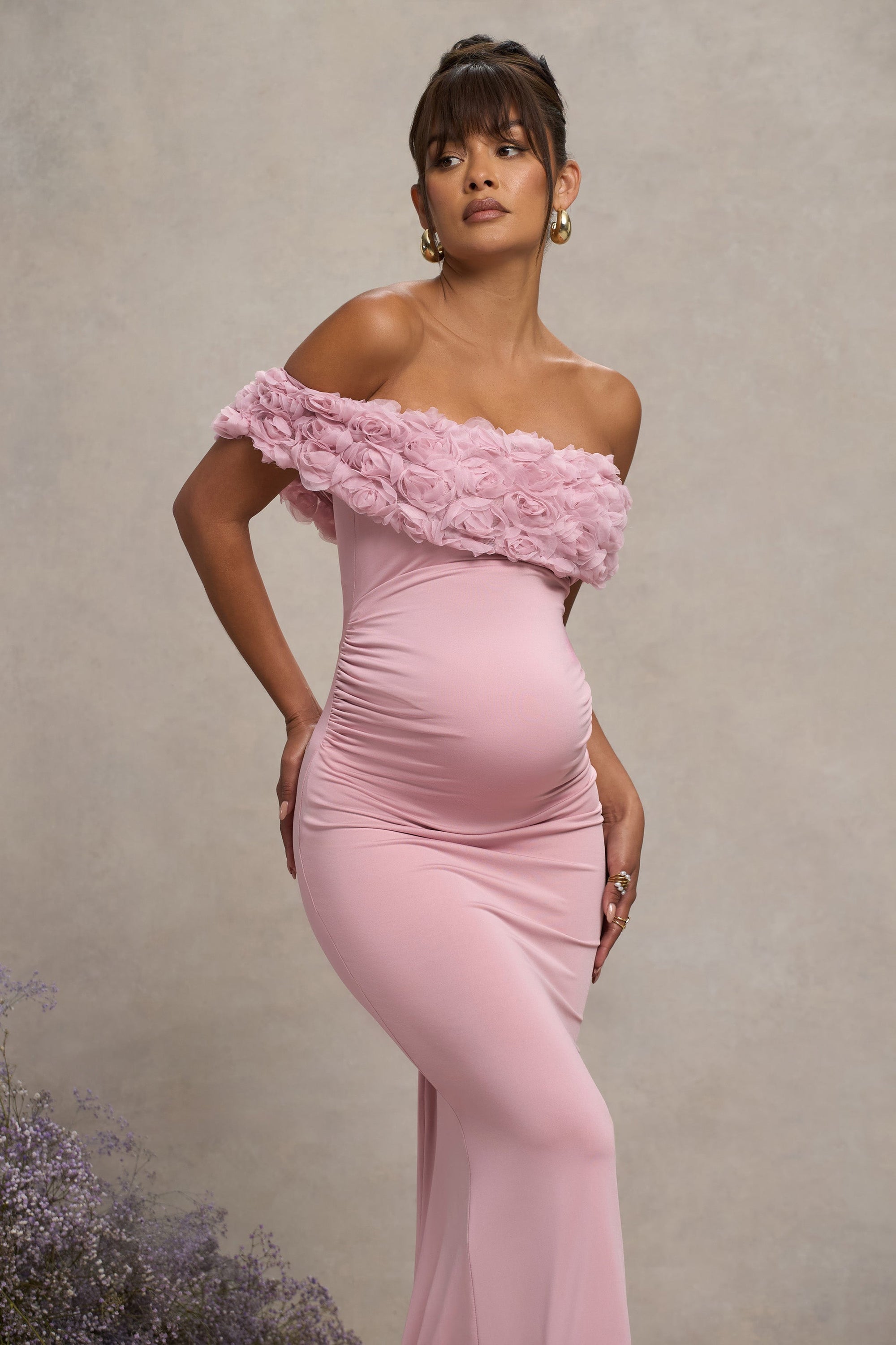 Inflorescence | Blush Pink Mesh Floral Bardot Maternity Maxi Dress - Club L London - AUS